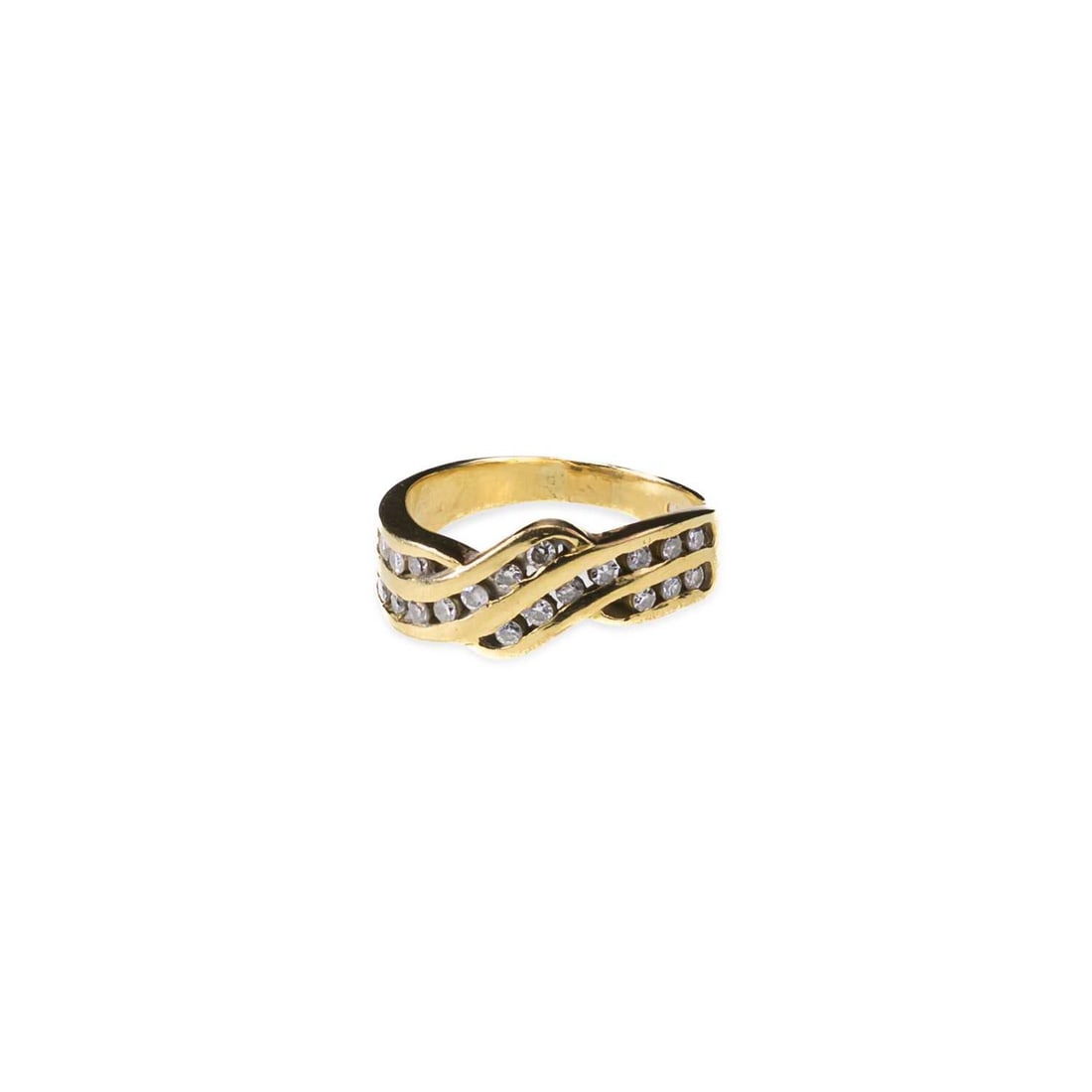 A 9 CARAT GOLD DIAMOND RING: A 9 CARAT GOLD DIAMOND RING crossover bands of channel-set round-cut diamonds, hallmarked. Estimated total diamond weight 0.40 carat, ring size M, 5.5 grams Good condition. Estimated diamond colour: F