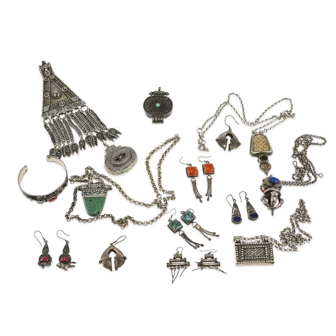 A GROUP OF JEWELLERY: A GROUP OF JEWELLERY including a pair of turquoise earrings; a pair of carnelian earrings; a coral and turquoise set bangle; etc. (14) Bangle 6cm wide, 437.4 grams gross