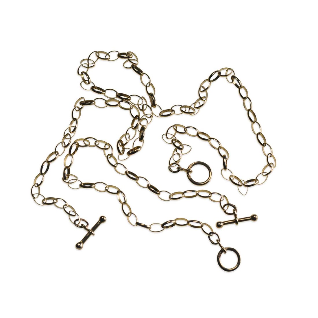 A 9 CARAT GOLD BELCHER CHAIN NECKLACE AND BRACELET SET: A 9 CARAT GOLD BELCHER CHAIN NECKLACE AND BRACELET SET with T-bar toggle clasps, both hallmarked. (2) 48cm and 19.5cm long, 10 grams gross Good condition
