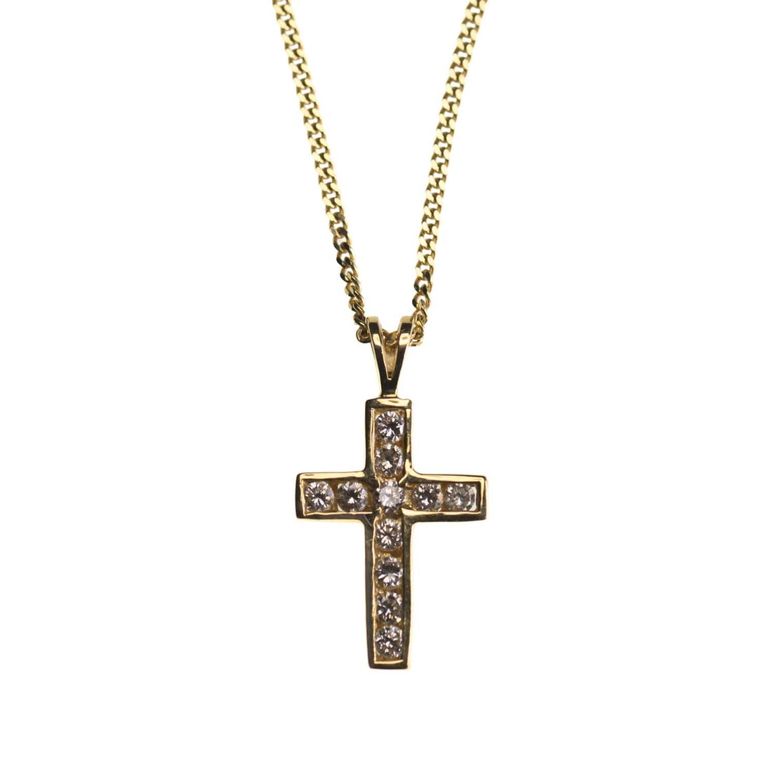 AN 18 CARAT GOLD DIAMOND CROSS PENDANT ON CHAIN: AN 18 CARAT GOLD DIAMOND CROSS PENDANT ON CHAIN the cross channel-set with round brilliant-cut diamonds, to a fine link chain, hallmarked. Stated total diamond weight 0.35 carat, pendant 2cm long, cha