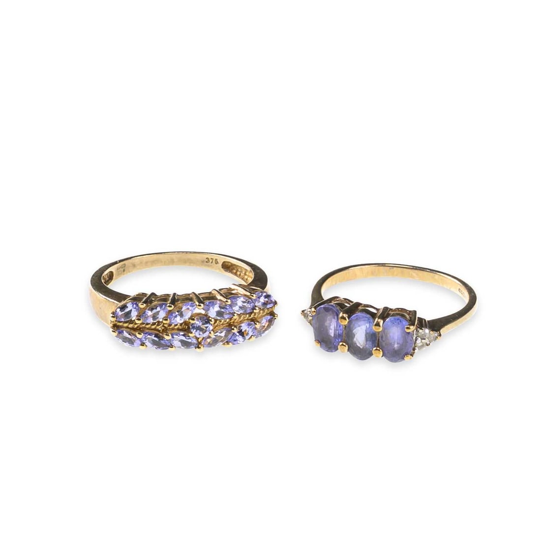 TWO 9 CARAT TANZANITE RINGS: TWO 9 CARAT TANZANITE RINGS one with diamond accents, both hallmarked. (2) Ring sizes P and N, 5.3 grams gross Good condition