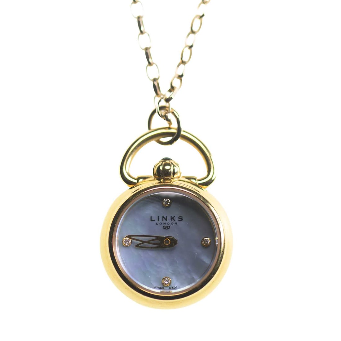 A 9 CARAT GOLD BELCHER CHAIN NECKLACE AND LINKS OF LONDON PENDANT WATCH: A 9 CARAT GOLD BELCHER CHAIN NECKLACE AND LINKS OF LONDON PENDANT WATCH the faceted belcher chain suspending a Links of London gold plated fob watch with mother-of-pearl dial. Chain 75cm long, fob wat