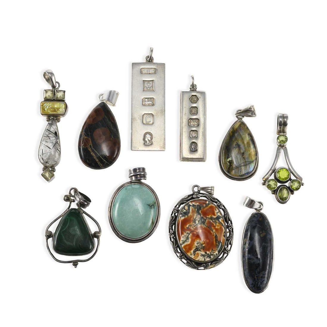 A GROUP OF SILVER PENDANTS: A GROUP OF SILVER PENDANTS including two ingot pendants; and gem-set examples set with turquoise, moss agate, labradorite, malachite, etc. (10) Largest ingot 5.5cm long, 161.7 grams gross