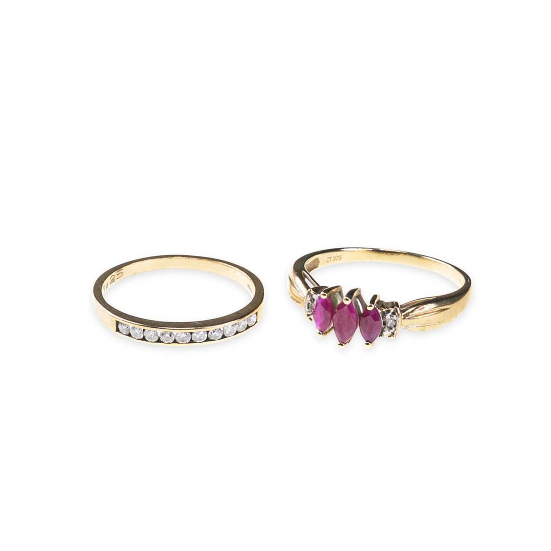 TWO 9 CARAT GOLD GEM-SET RINGS: TWO 9 CARAT GOLD GEM-SET RINGS comprising a ruby and diamond ring, hallmarked; and a diamond half hoop ring, hallmarked. (2) Ring size R and P, 4.4 grams gross Good condition