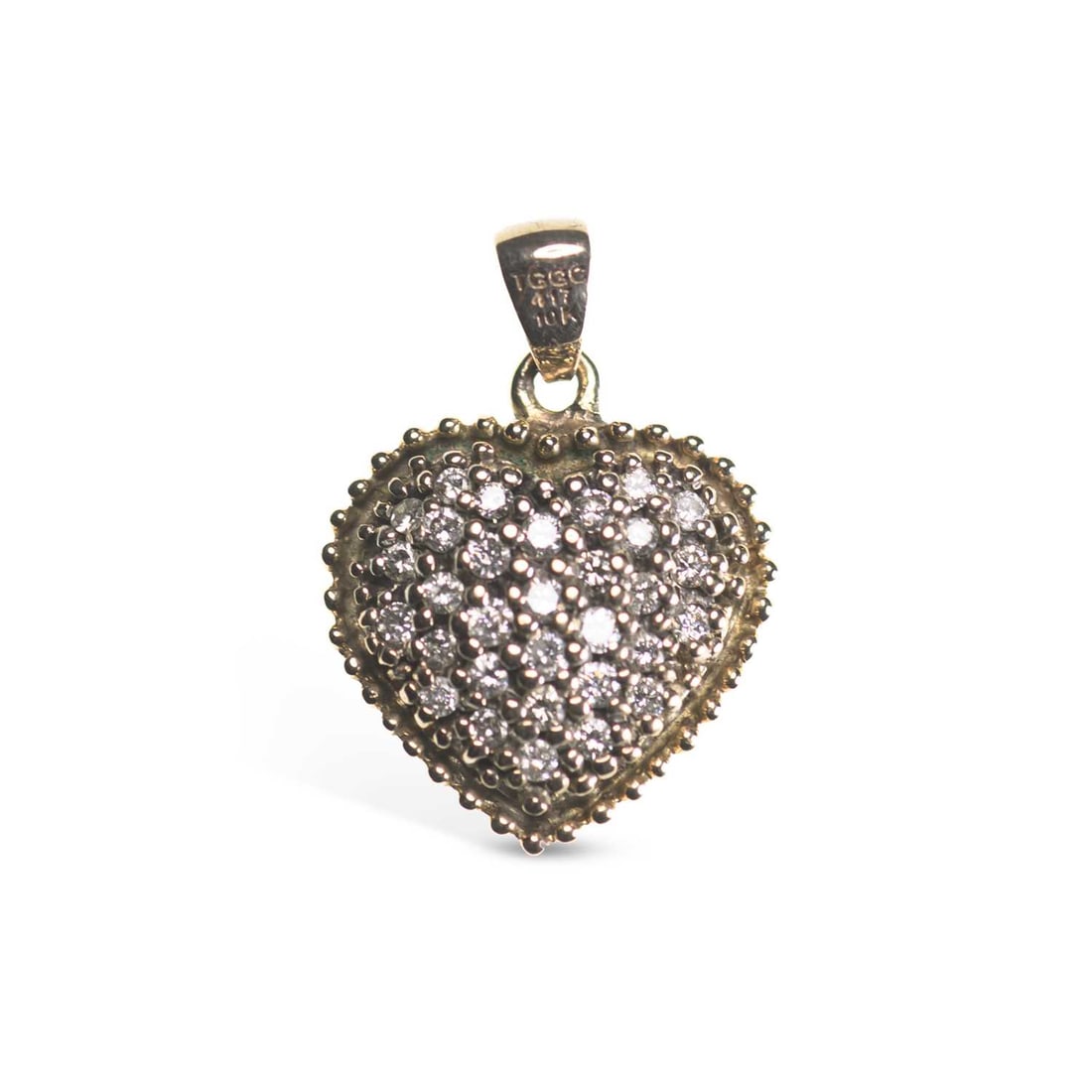 A DIAMOND HEART PENDANT: A DIAMOND HEART PENDANT set throughout with round brilliant-cut diamonds, stamped '10K'. Stated total diamond weight 0.50 carat, 2.3cm long, 3.3 grams Good condition. Estimated diamond colour: G/H/I, 