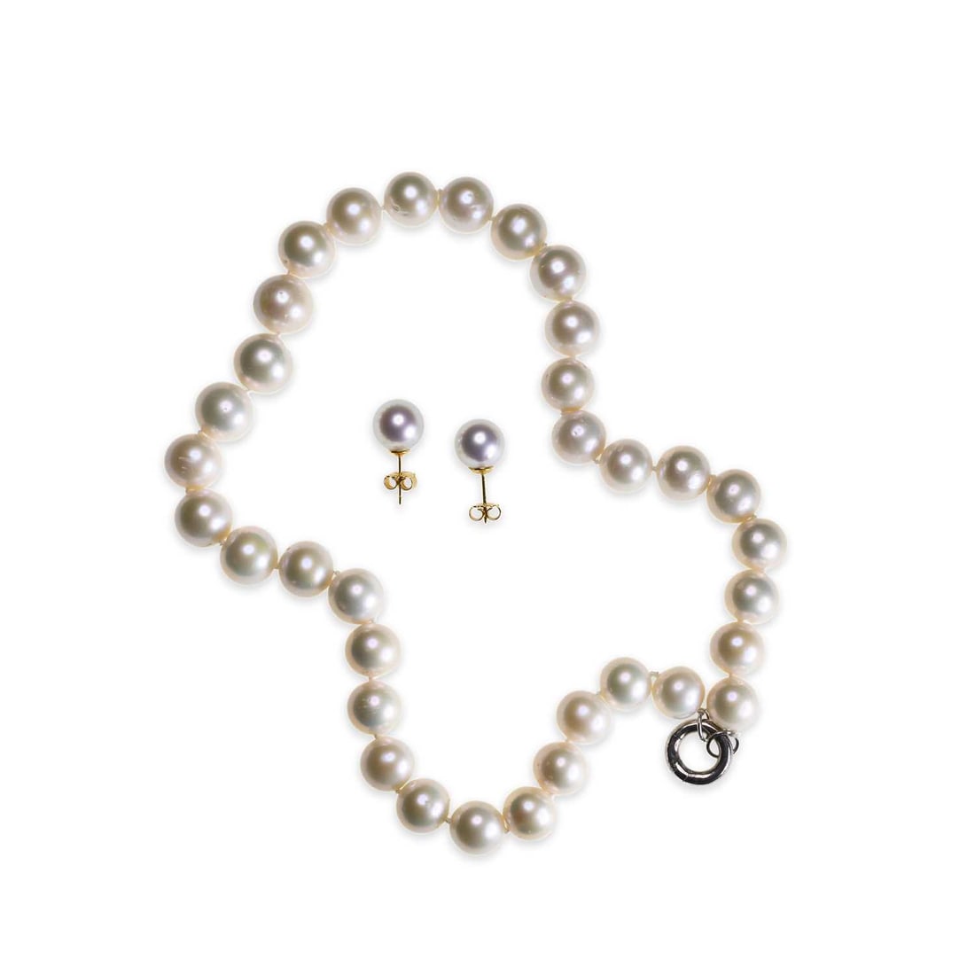 A CULTURED SOUTH SEA PEARL NECKLACE AND PAIR OF STUD EARRINGS: A CULTURED SOUTH SEA PEARL NECKLACE AND PAIR OF STUD EARRINGS graduated cultured South Sea pearls knotted to a ring clasp, stamped '925'; the earrings with post fittings, stamped '750'. (2) Necklace