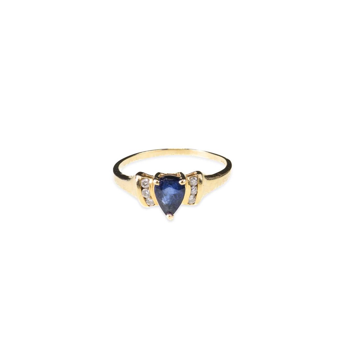 AN 18 CARAT GOLD SAPPHIRE AND DIAMOND RING: AN 18 CARAT GOLD SAPPHIRE AND DIAMOND RING a pear-cut sapphire to diamond-set shoulders, hallmarked Birmingham 2005. Ring size M1/2, 2.5 grams Good condition