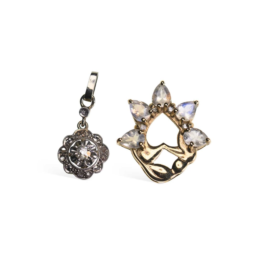 TWO GEM-SET PENDANTS: TWO GEM-SET PENDANTS comprising a 9 carat gold moonstone pendant, hallmarked; and a diamond cluster pendant, unmarked. (2) 2.2cm long and smaller, 3.6 grams gross Unmarked diamond pendant XRF tests as