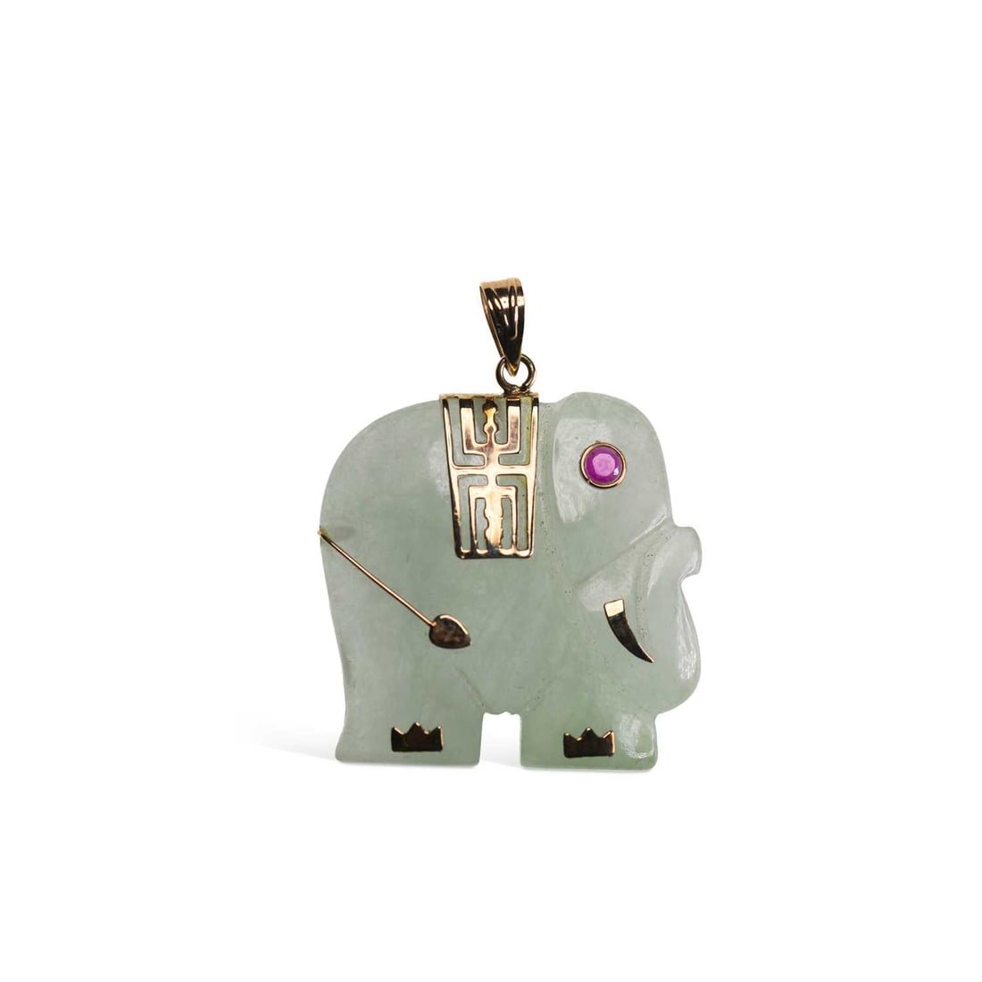 A 9 CARAT GOLD JADE AND RUBY ELEPHANT PENDANT: A 9 CARAT GOLD JADE AND RUBY ELEPHANT PENDANT with a ruby inset eye and gold mounts, hallmarked. 3.3cm long, 6.5 grams Good condition
