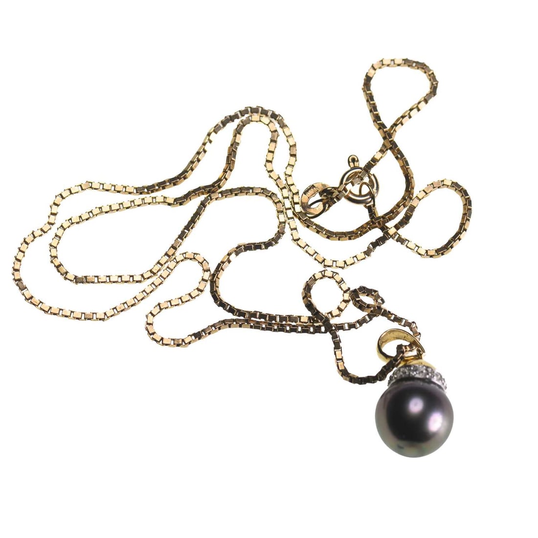 A CULTURED TAHITIAN PEARL AND DIAMOND PENDANT ON CHAIN: A CULTURED TAHITIAN PEARL AND DIAMOND PENDANT ON CHAIN a cultured Tahitian pearl to a diamond-set mount, stamped '18K', to a 9 carat gold box chain necklace, hallmarked. Pendant 2cm long, chain 50cm,