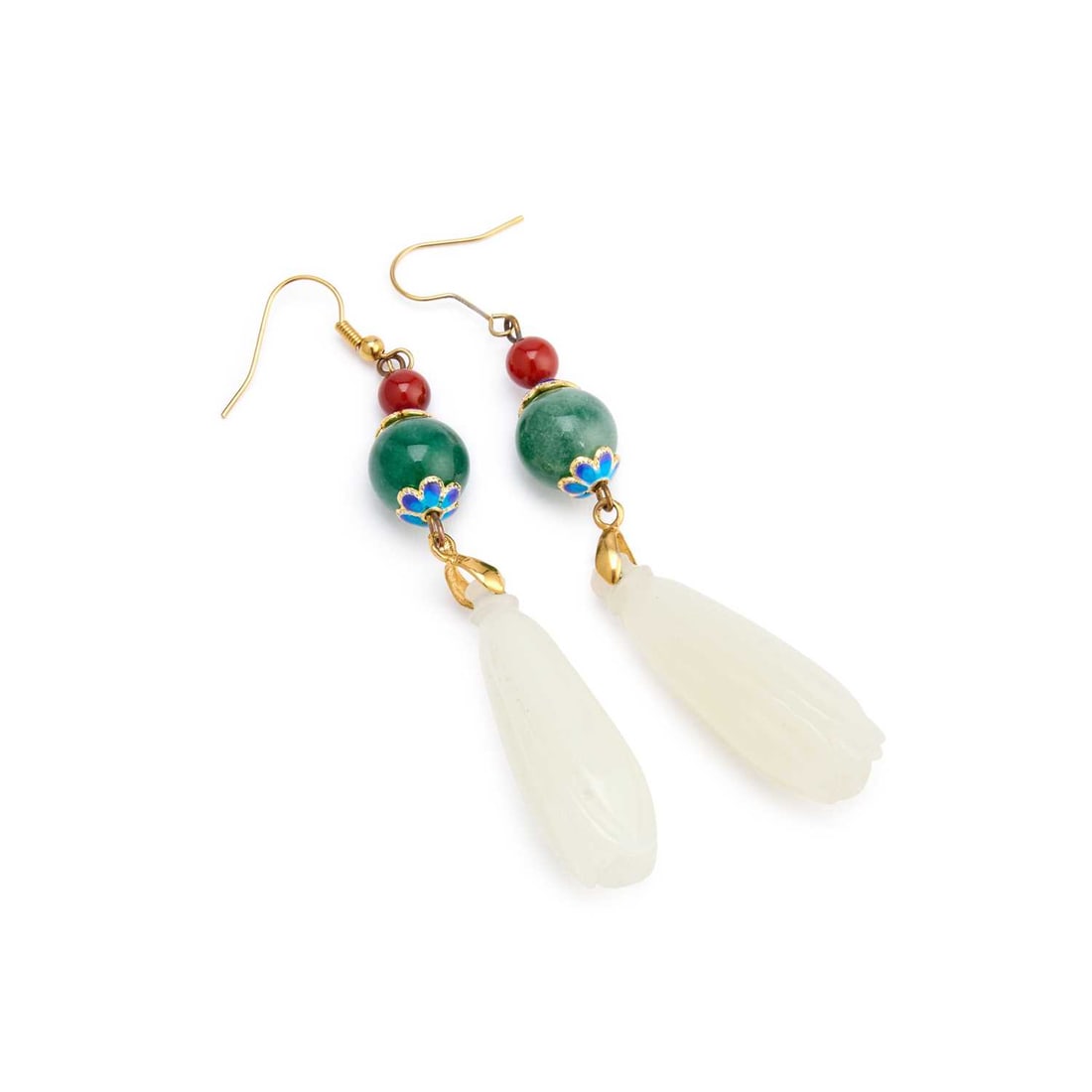 A PAIR OF JADE AND ENAMEL PENDANT EARRINGS: A PAIR OF JADE AND ENAMEL PENDANT EARRINGS foliate carved pale jade drops suspended from green jade beads below red beads, with blue enamel findings and hook fittings, unmarked. 9cm long, 25.7 grams G
