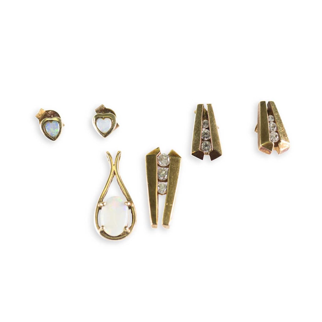 TWO 9 CARAT GOLD GEM-SET EARRING AND PENDANT SETS: TWO 9 CARAT GOLD GEM-SET EARRING AND PENDANT SETS comprising a pair of heart opal stud earrings with a matched opal pendant; and a pair of diamond stud earrings with matching pendant, with post fittin