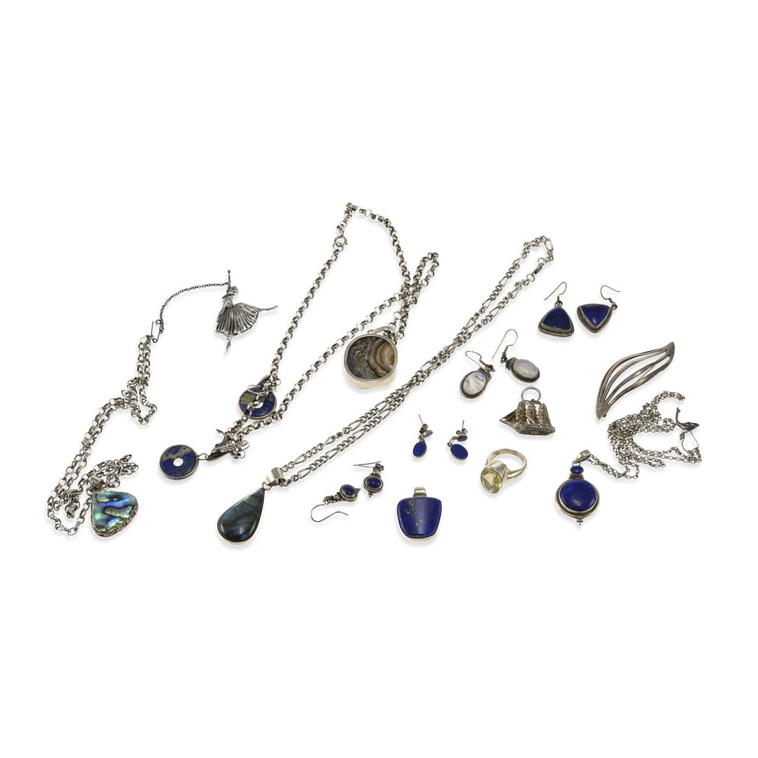A GROUP OF SILVER JEWELLERY: A GROUP OF SILVER JEWELLERY including a Danish brooch, hallmarked; a labradorite pendant on chain; a silver ballerina brooch; lapis lazuli earrings; etc. (15) First 6.8cm long, 179 grams gross