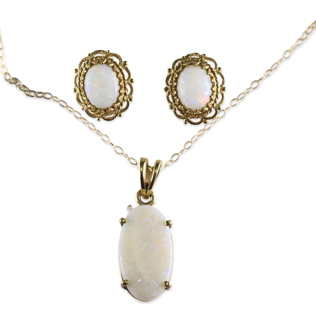 A OPAL PENDANT ON CHAIN AND A PAIR OF OPAL STUD EARRINGS: A OPAL PENDANT ON CHAIN AND A PAIR OF OPAL STUD EARRINGS the earrings with post fittings, both unmarked. (2) Pendant 2.5cm long, earrings 1.1cm long, 3.6 grams gross Good condition