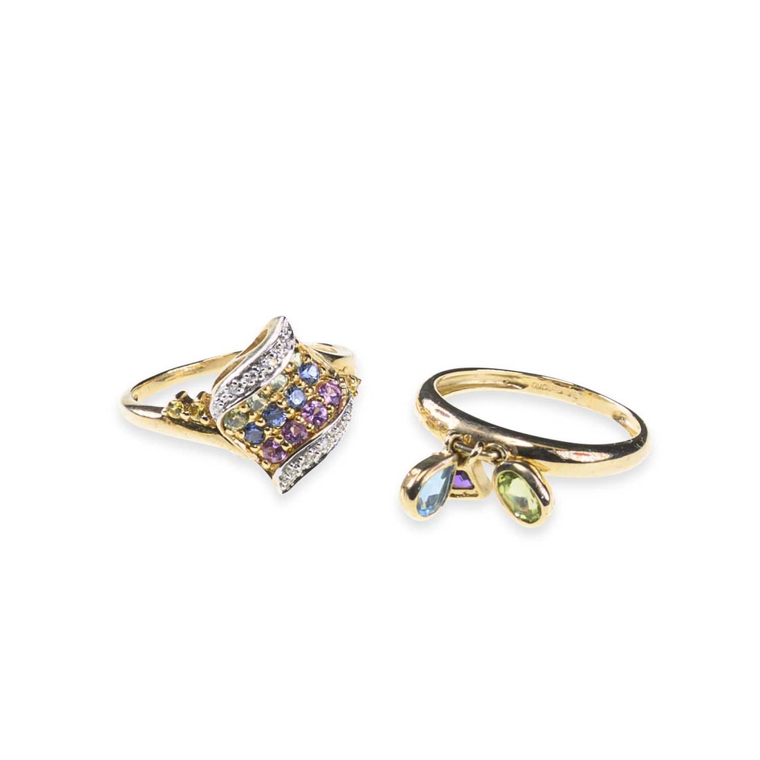 TWO 9 CARAT GOLD GEM-SET RINGS: TWO 9 CARAT GOLD GEM-SET RINGS comprising a diamond and multi-coloured sapphire cluster ring, hallmarked; and an amethyst, peridot and blue topaz charm ring, hallmarked. (2) Ring sizes O and N, 4.5 gr