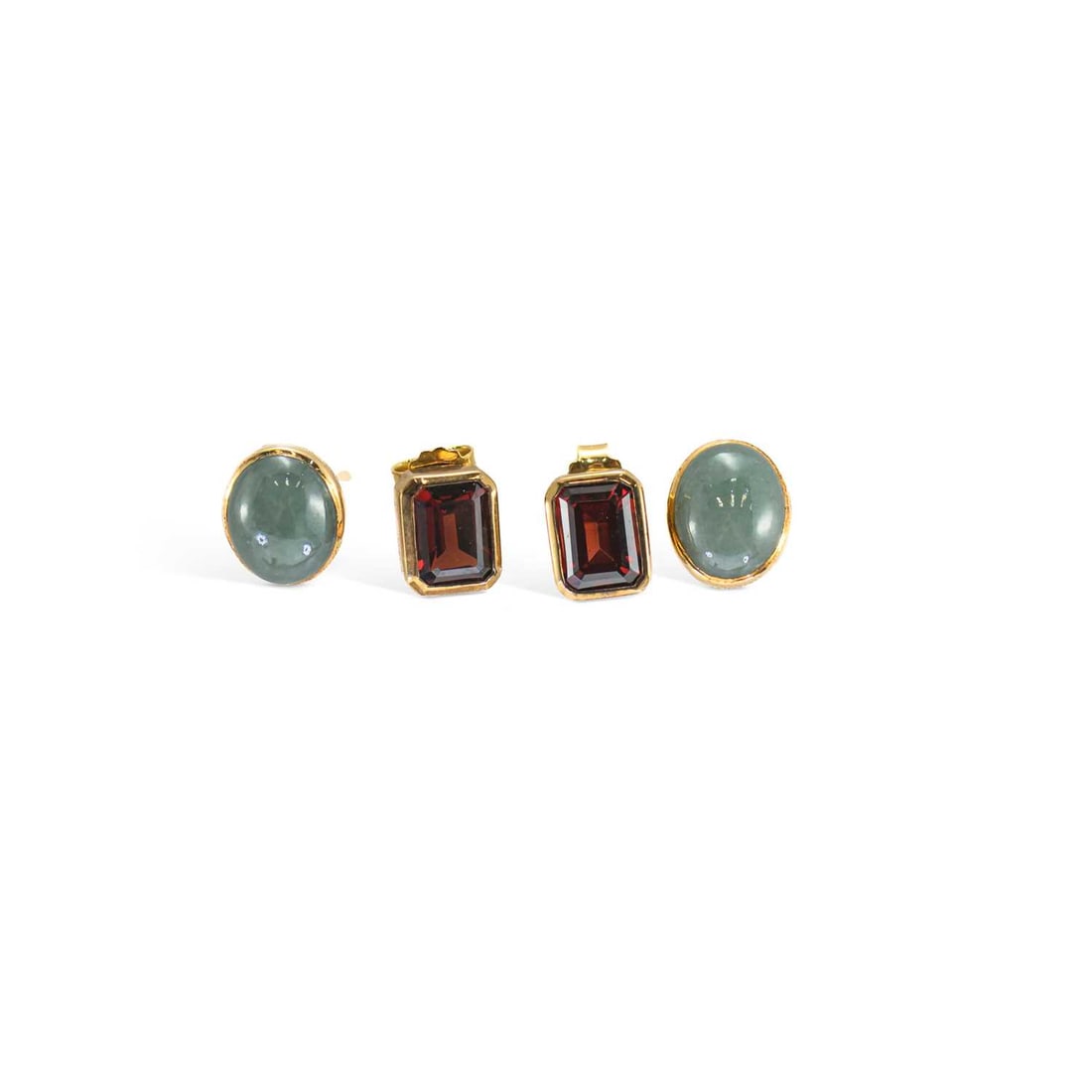 TWO PAIRS OF 9 CARAT GOLD GEM-SET EARRINGS: TWO PAIRS OF 9 CARAT GOLD GEM-SET EARRINGS comprising a pair of jade stud earrings; and a pair of garnet stud earrings, with post fittings. (2) 1cm long, 5.6 grams gross good condition