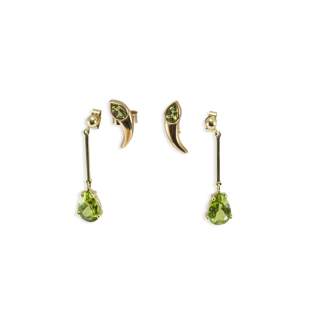 TWO PAIRS OF 9 CARAT GOLD PERIDOT EARRINGS: TWO PAIRS OF 9 CARAT GOLD PERIDOT EARRINGS comprising a pair of pendant earrings, hallmarked; and a pair of stud earrings, with post fittings, hallmarked. (2) 2.7cm long, 3.6 grams gross Good
