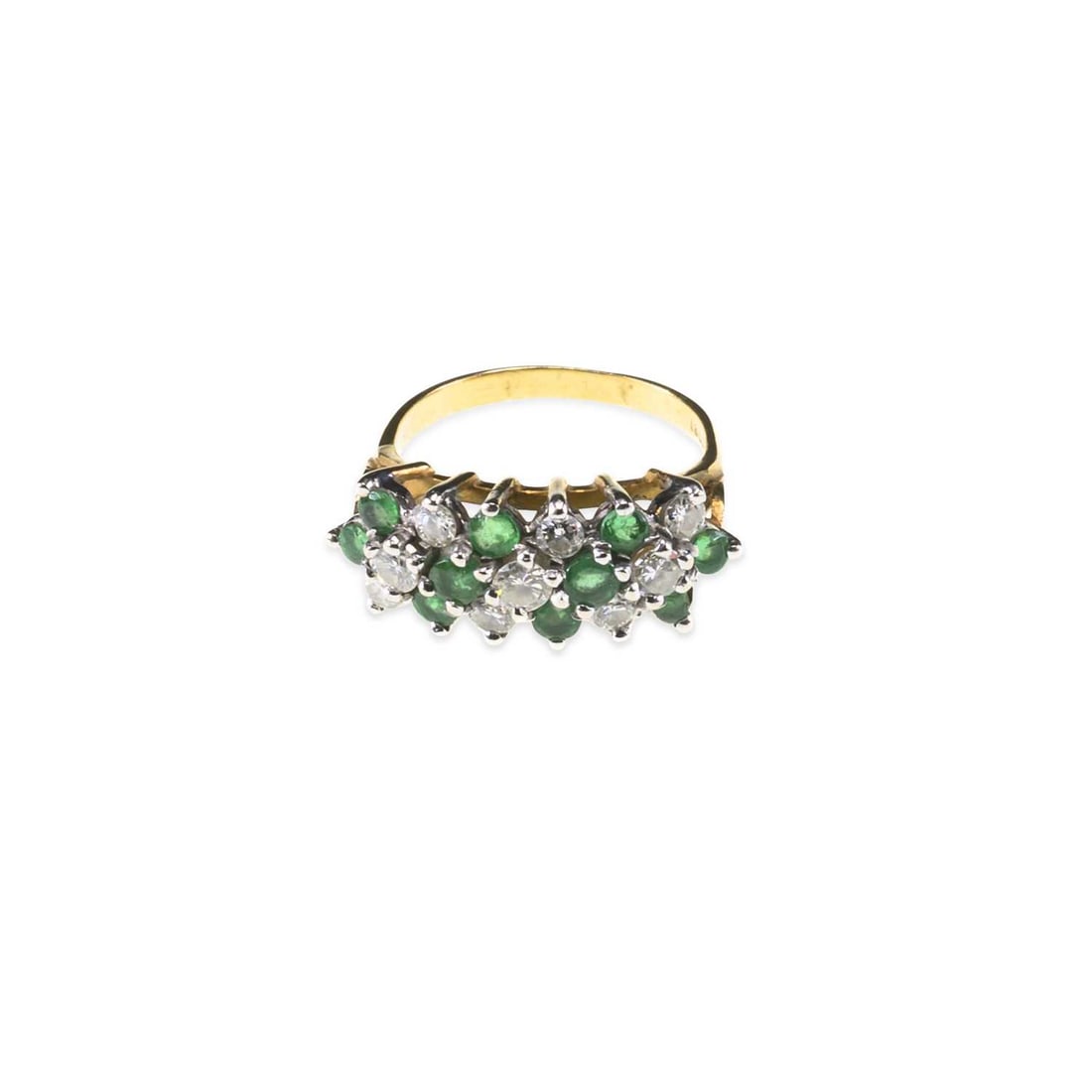 AN EMERALD AND DIAMOND RING: AN EMERALD AND DIAMOND RING groups of round brilliant-cut diamonds spaced by groups of round-cut rubies, stamped '18CT'. Estimated total diamond weight 0.60 carat, ring size J, 4.3 grams Good conditio