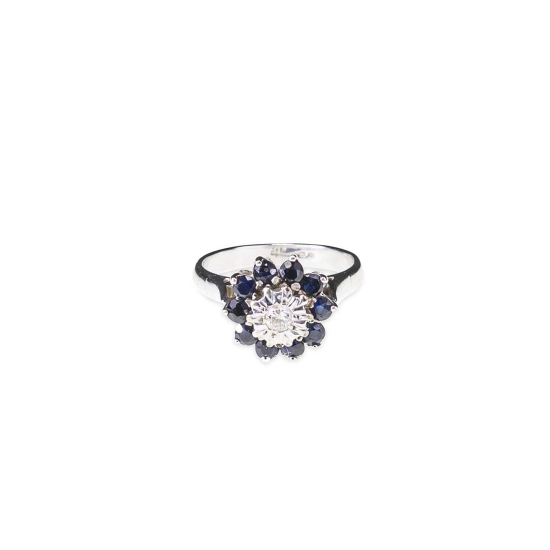 A 9 CARAT WHITE GOLD SAPPHIRE AND DIAMOND CLUSTER RING: A 9 CARAT WHITE GOLD SAPPHIRE AND DIAMOND CLUSTER RING an illusion-set round-cut diamond within a border of round-cut sapphires, hallmarked Birmingham 2005. Estimated diamond weight 0.10 carat, ring