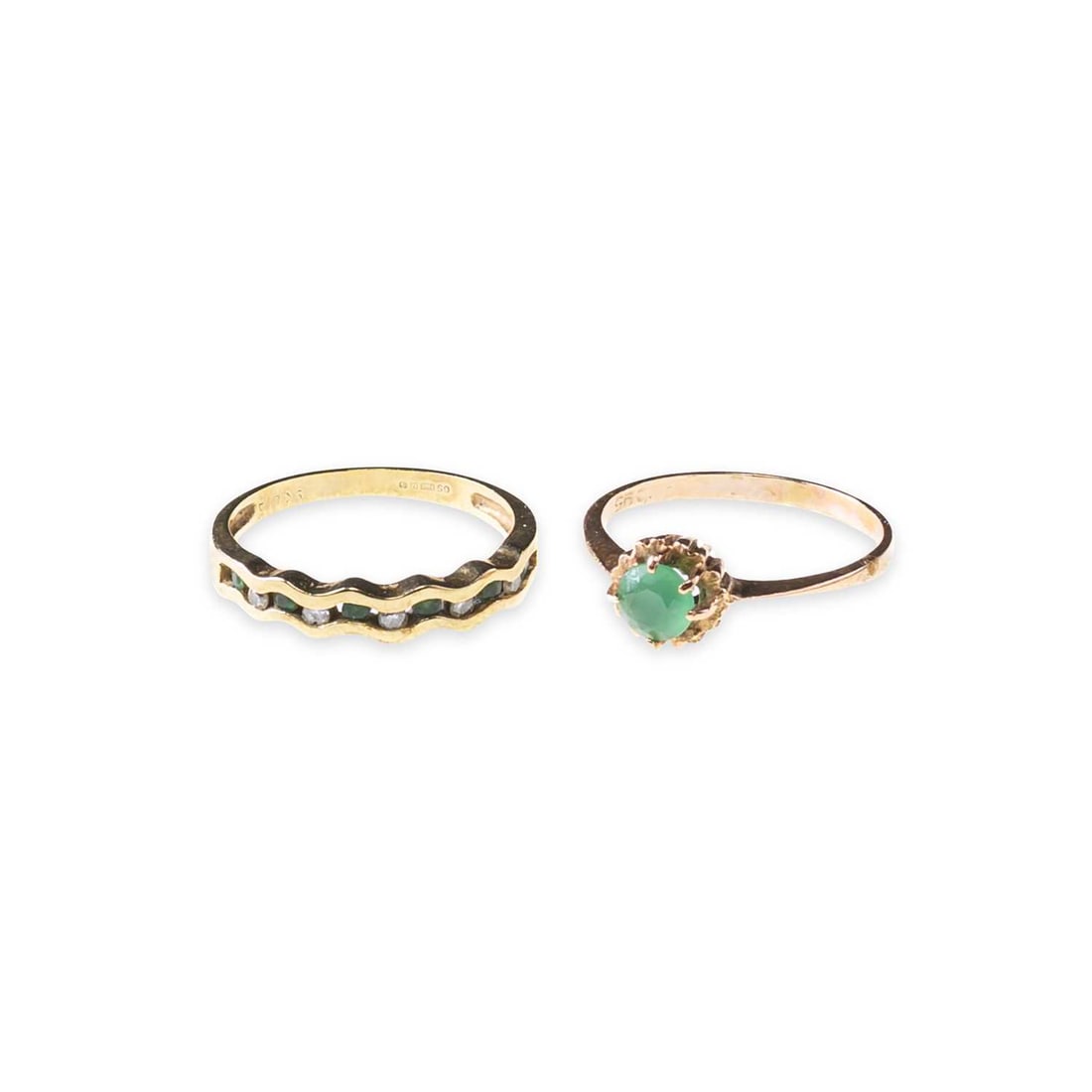 TWO GEM-SET RINGS: TWO GEM-SET RINGS comprising a 9 carat gold emerald and diamond ring, hallmarked; and an emerald solitaire ring, stamped '585'. (2) Ring sizes O and M1/2, 3.6 grams gross Good condition