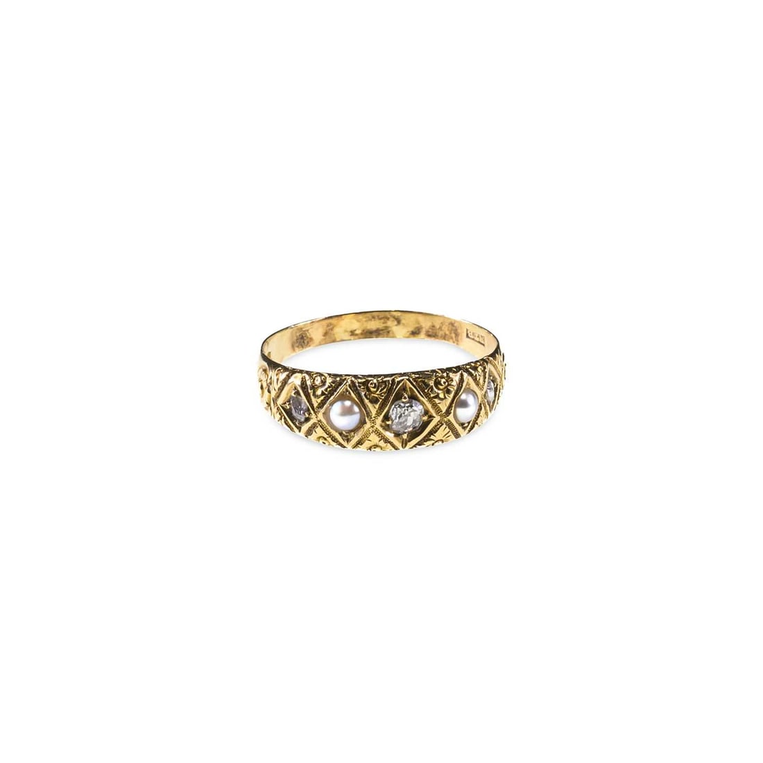 A VICTORIAN OLD-CUT DIAMOND AND SPLIT PEARL RING: A VICTORIAN OLD-CUT DIAMOND AND SPLIT PEARL RING three graduated old-cut diamonds spaced by split pearls, to a foliate carved band, hallmarked London 1897. Estimated total diamond weight 0.20 carat, r
