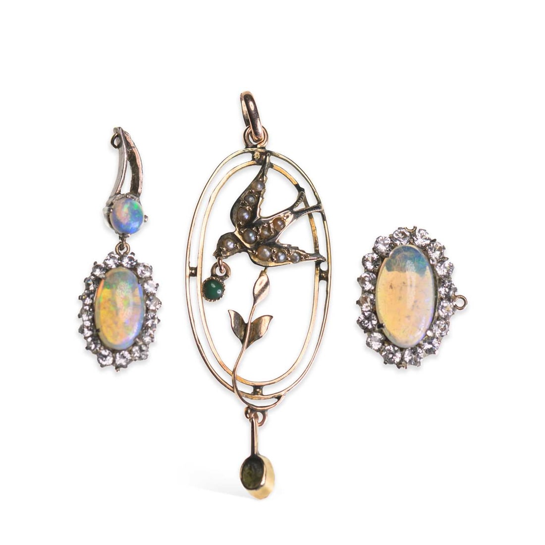 TWO GEM-SET PENDANTS: TWO GEM-SET PENDANTS comprising a turquoise and seed pearl swallow pendant, stamped '9CT'; and an opal and paste pendant, unmarked, (a/f). (2) 5.2cm long and smaller, 6.1 grams gross Opal cluster