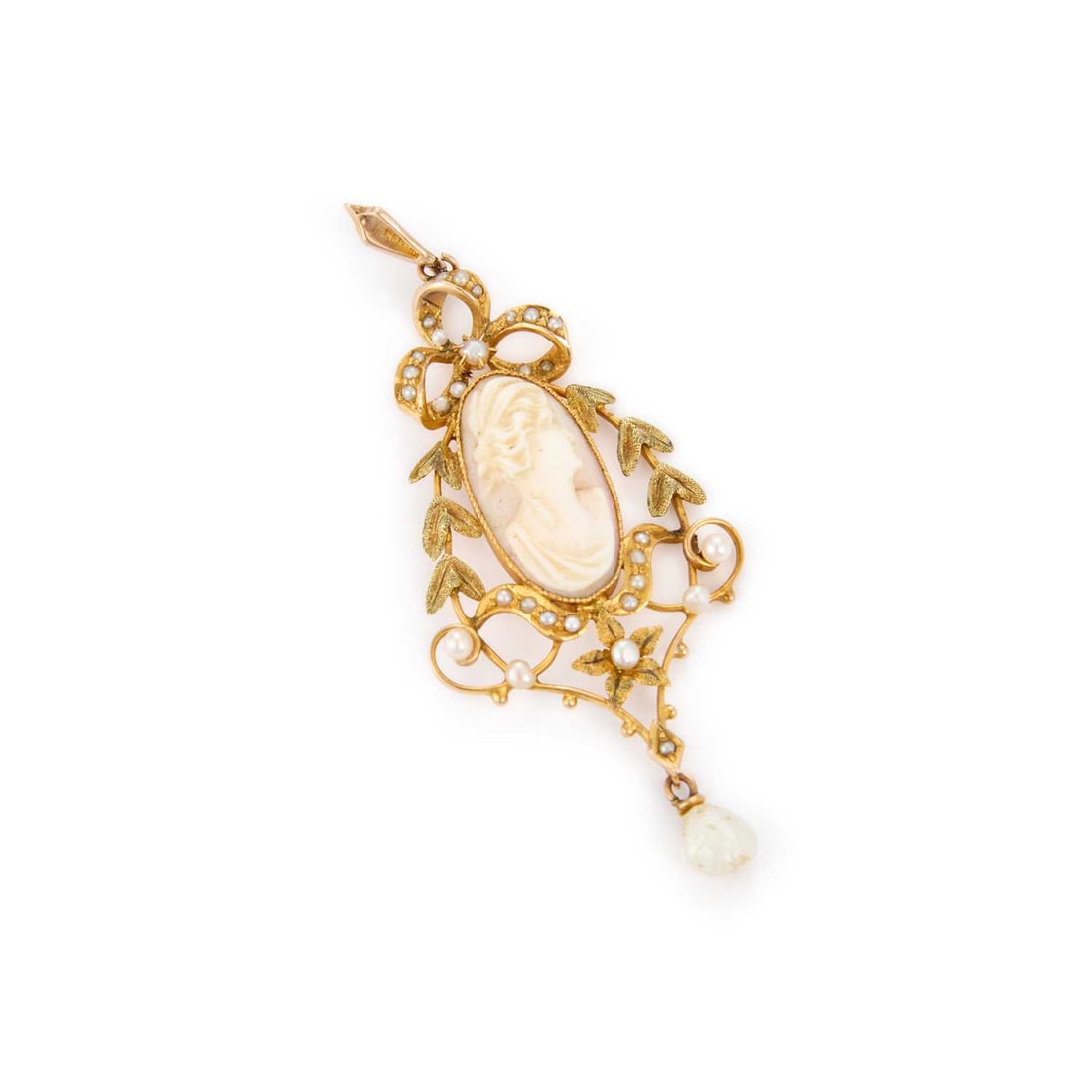 A CAMEO PENDANT: A CAMEO PENDANT an oval cameo carved depicting a classical female bust, within a fancy ribbon-tied frame, set with seed pearls and suspending a baroque pearl drop, indistinctly marked. 5.5cm long, 3.8