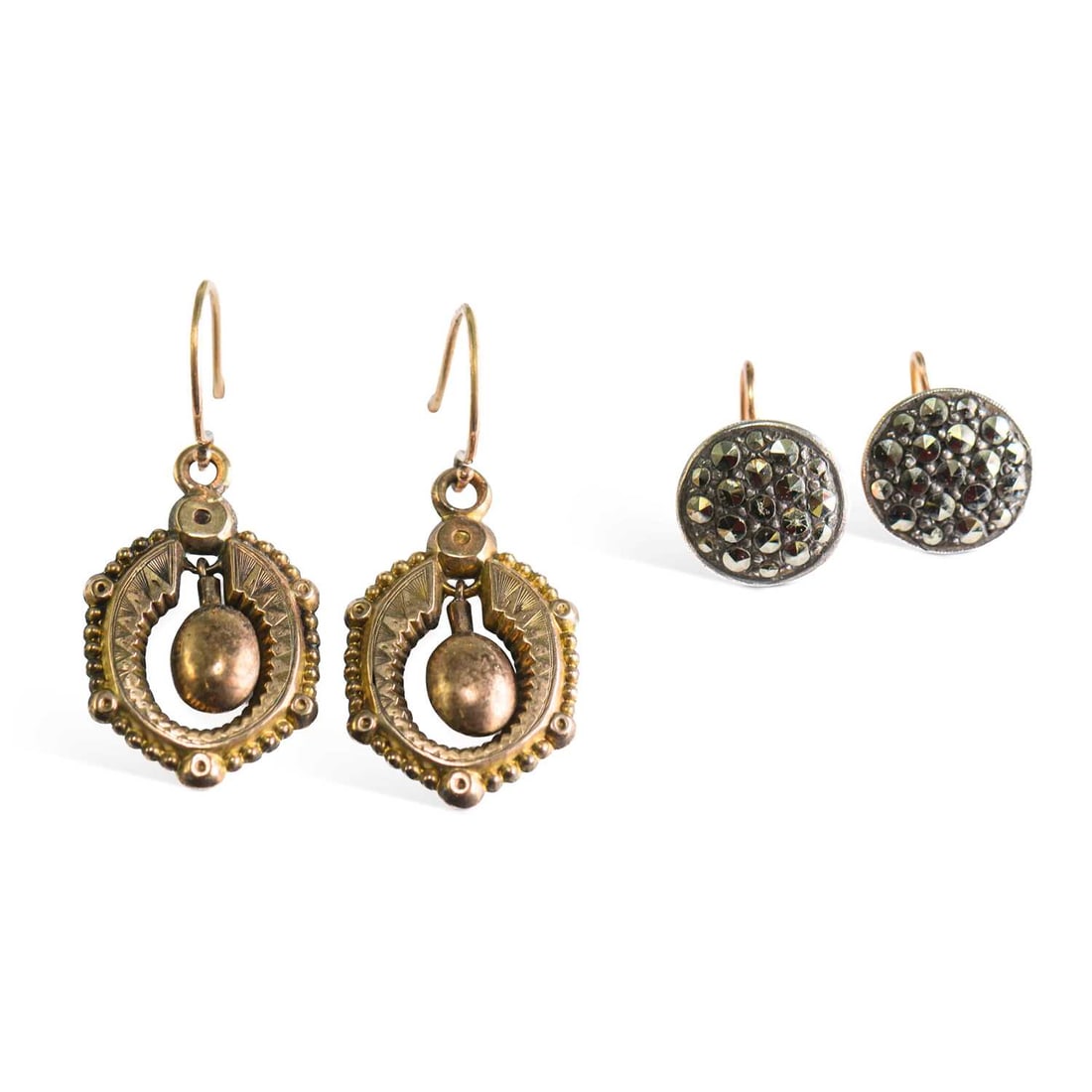 TWO PAIRS OF 9 CARAT GOLD GEM-SET EARRINGS: TWO PAIRS OF 9 CARAT GOLD GEM-SET EARRINGS comprising a pair of marcasite cluster earrings, stamped '9CT'; and a pair of pendant earrings, with hook fittings, stamped '9CT'. (2) 3.5cm long and