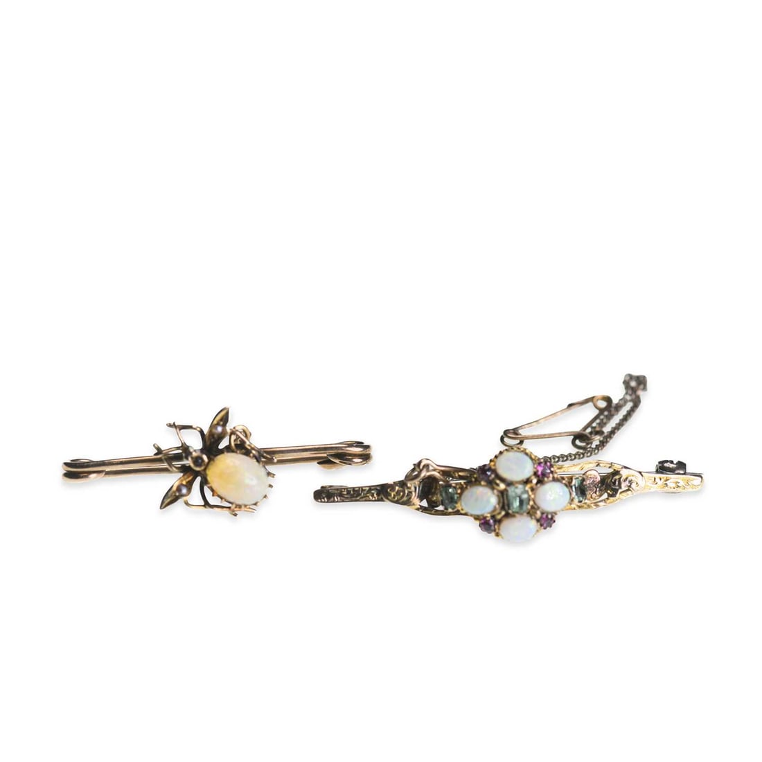 TWO VICTORIAN GEM-SET BROOCHES: TWO VICTORIAN GEM-SET BROOCHES comprising an opal insect brooch, unmarked;; and an opal and paste cluster bar brooch, unmarked. (2) 4cm long and smaller, 5 grams gross Light general wear