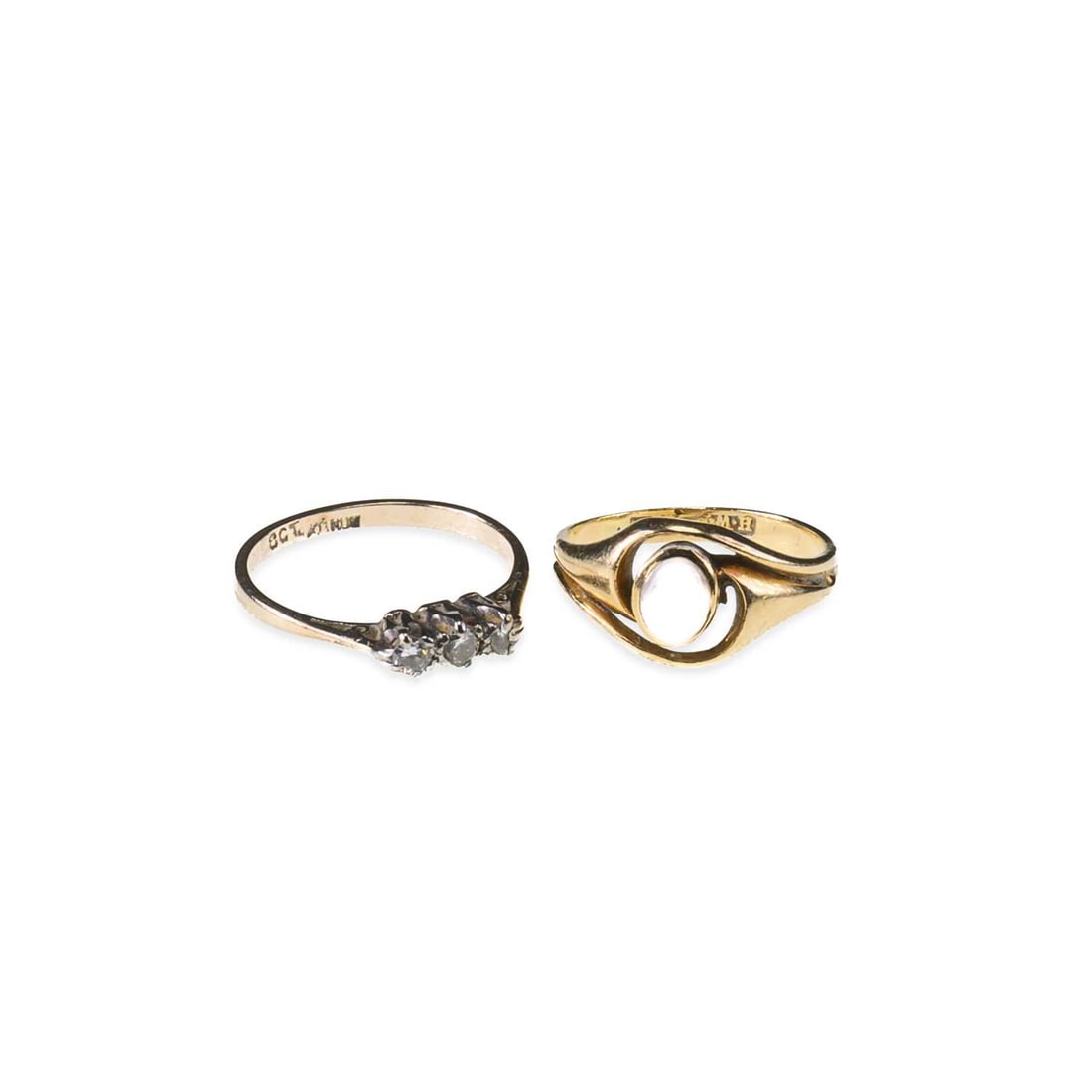 TWO GEM-SET RINGS: TWO GEM-SET RINGS comprising an Art Nouveau opal ring, by Henry Williamson Ltd, stamped '18CT'; and a diamond three-stone ring, stamped '18CT'. (2). Ring sizes I1/2 and G1/2, 3.6 grams gross Good cond