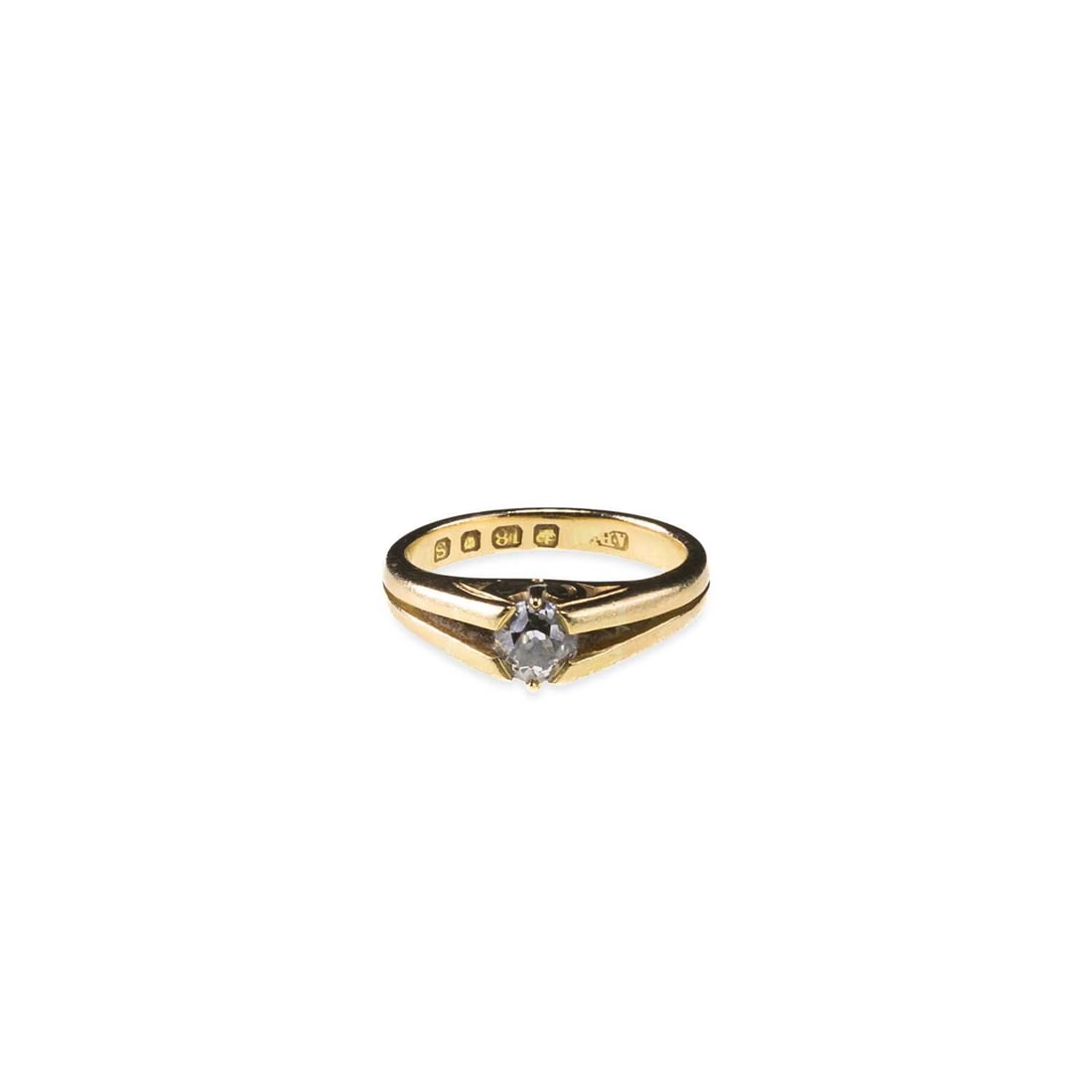 AN 18 CARAT GOLD SOLITAIRE DIAMOND RING: AN 18 CARAT GOLD SOLITAIRE DIAMOND RING an old-cut diamond in an angular setting, hallmarked London 1913. Estimated total diamond weight 0.50 carat, ring size F, 4.6 grams Good condition. Estimated