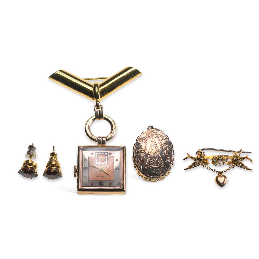A GROUP OF JEWELLERY: A GROUP OF JEWELLERY comprising a pair of garnet stud earrings; a seed pearl swallow brooch; a double locket pendant; and an Orvin fob watch. (4) Seed pearl brooch 3cm long