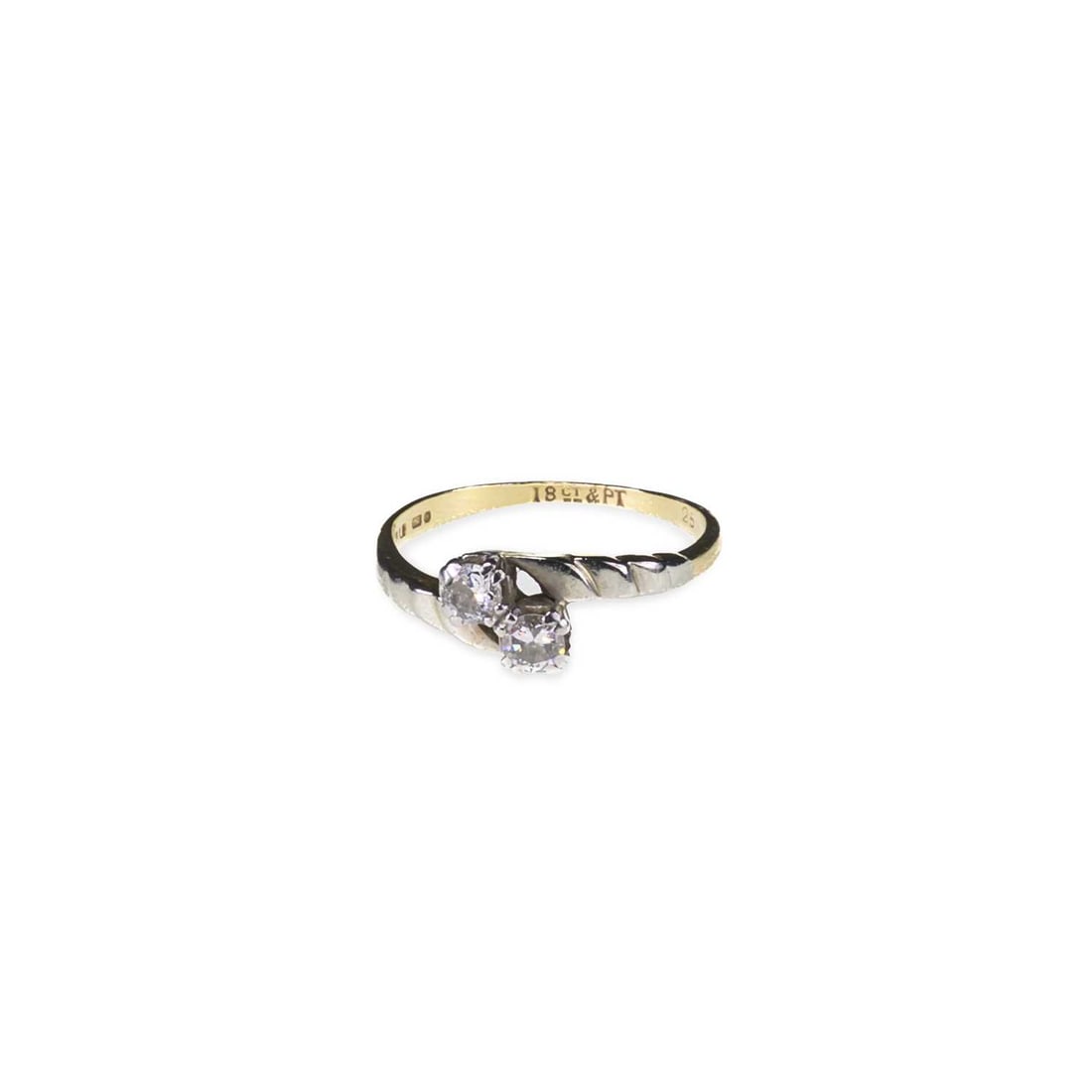 A DIAMOND TOI ET MOI RING: A DIAMOND TOI ET MOI RING round brilliant-cut diamonds to bypass stepped shoulders, stamped '18CT PT'. Estimated total diamond weight 0.25 carat, ring size K, 2.5 grams Band a litle thin. Estimated