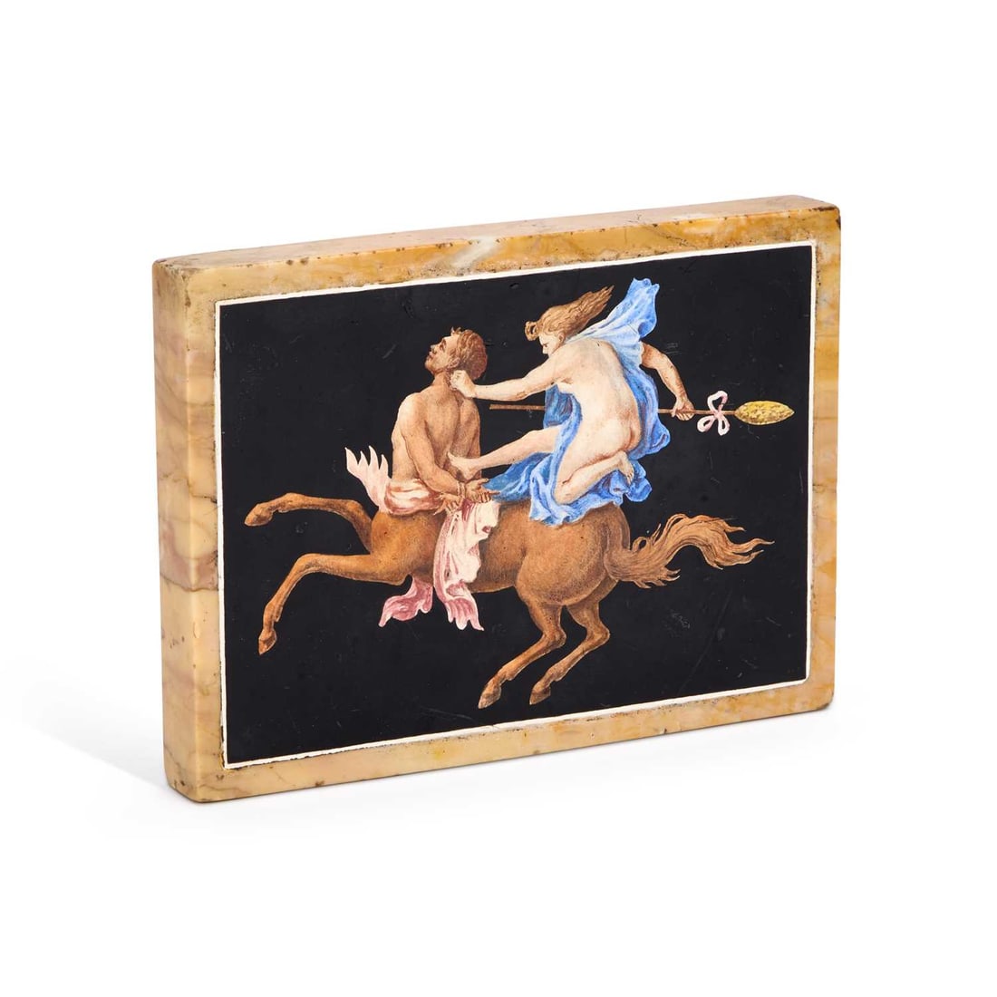 AN ITALIAN PIETRA DURA PANEL 19TH CENTURY: AN ITALIAN PIETRA DURA PANEL 19TH CENTURY depicting A Maenad Tormenting a Centaur, after a Pompeian fresco, finely executed in coloured hardstones on a black ground, within a yellow marble surround.