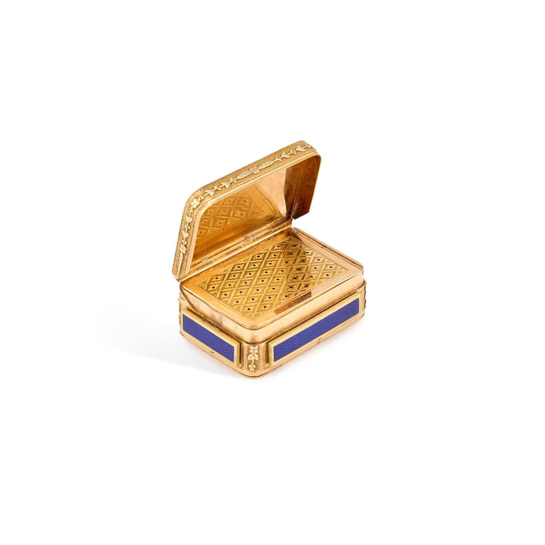 A FINE SWISS GOLD, ENAMEL AND TURQUOISE-SET MUSICAL VINAIGRETTE CIRCA 1810-20: A FINE SWISS GOLD, ENAMEL AND TURQUOISE-SET MUSICAL VINAIGRETTE CIRCA 1810-20 of rounded rectangular form, the hinged cover with a central floral spray set with turquoise cabochons within a circular c