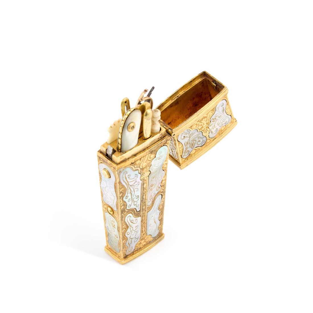 AN 18TH CENTURY MOTHER-OF-PEARL AND GILT-METAL ETUI: AN 18TH CENTURY MOTHER-OF-PEARL AND GILT-METAL ETUI of rectangular form with a hinged cover, the case inset with engraved mother-of-pearl panels within gilt-metal mounts, containing various fitted