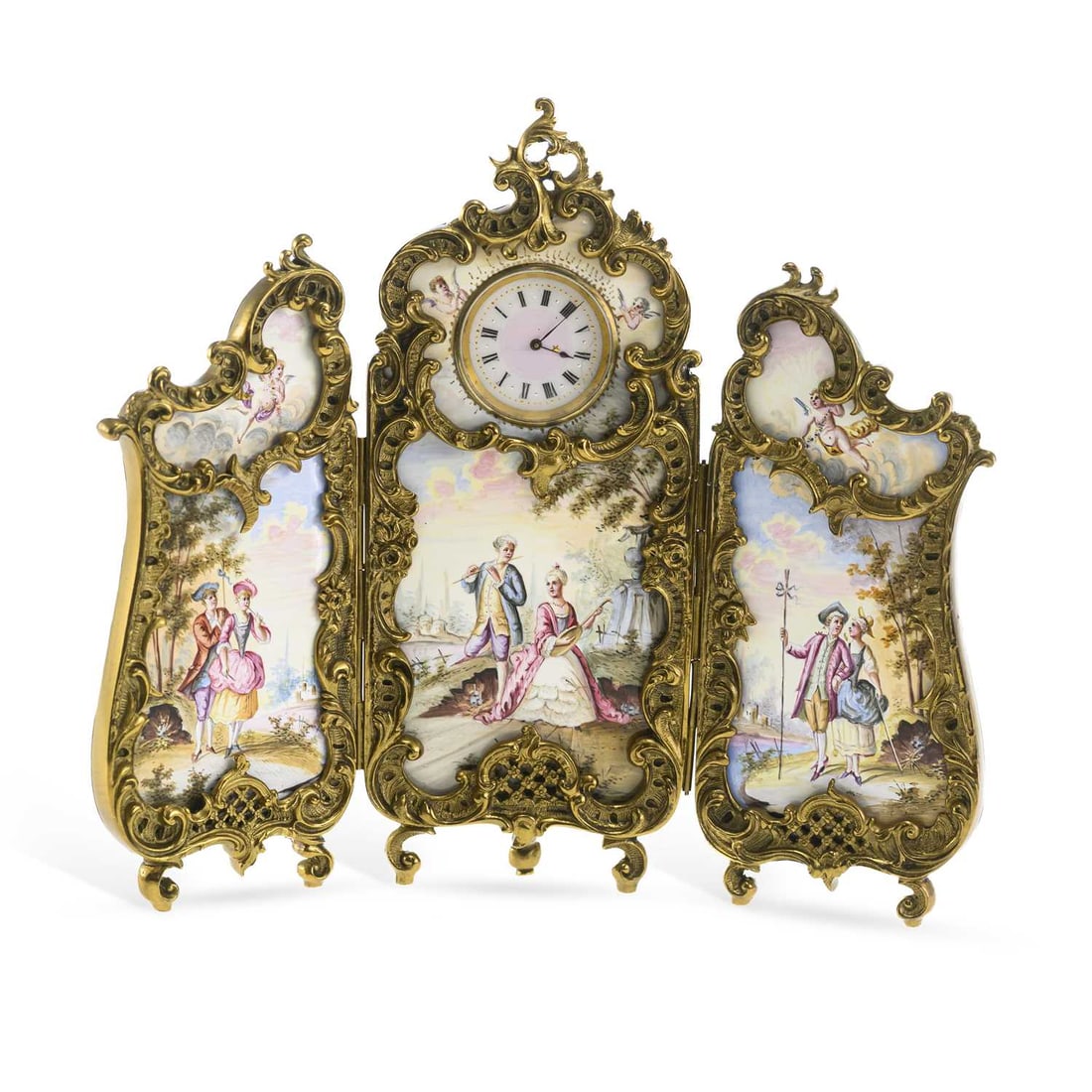A CONTINENTAL GILT-METAL AND ENAMEL TRIPTYCH MANTEL CLOCK CIRCA 1900 (1 of 3)