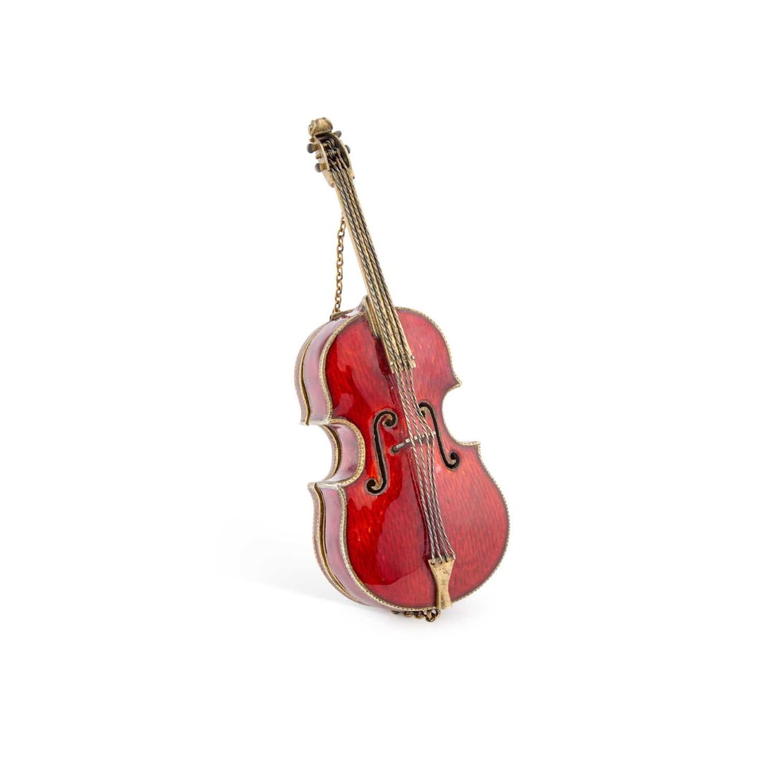 A 19TH CENTURY SILVER-GILT AND ENAMEL NOVELTY COMBINATION WATCH AND VINAIGRETTE: A 19TH CENTURY SILVER-GILT AND ENAMEL NOVELTY COMBINATION WATCH AND VINAIGRETTE marked JM, Vienna, in the form of a cello, with red guilloché enamel, the back hinging open to reveal a small vinaigret