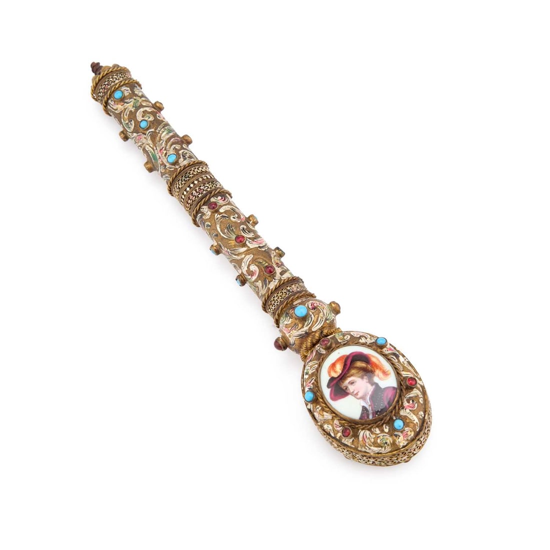 A CONTINENTAL GILT-METAL, ENAMEL AND GEM-SET PARASOL HANDLE CIRCA 1900: A CONTINENTAL GILT-METAL, ENAMEL AND GEM-SET PARASOL HANDLE CIRCA 1900 richly decorated with scrolling foliate enamel in white, green and pink, highlighted with turquoise cabochons and red paste stone