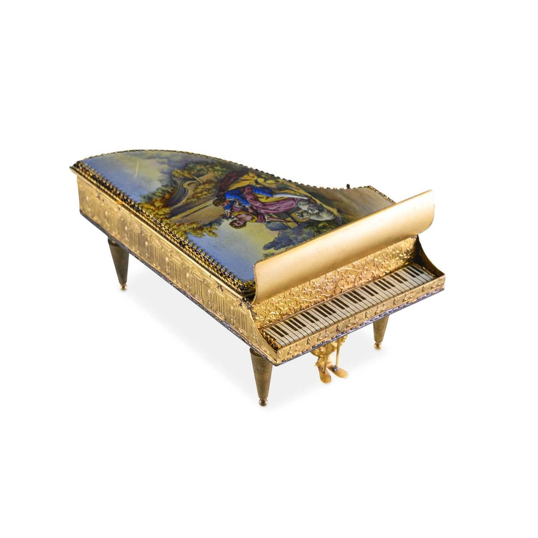 A CONTINENTAL GILT-METAL AND ENAMEL NOVELTY GRAND PIANO CASKET EARLY 20TH CENTURY: A CONTINENTAL GILT-METAL AND ENAMEL NOVELTY GRAND PIANO CASKET EARLY 20TH CENTURY the hinged lid painted with a pastoral courting scene, the keyboard and fallboard enamelled with keys and floral decor