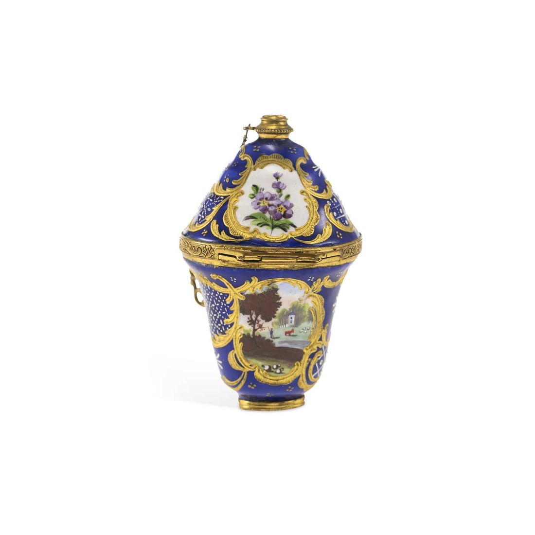 A SOUTH STAFFORDSHIRE ENAMEL COMBINED SCENT BOTTLE AND BONBONNIÈRE CIRCA 1770: A SOUTH STAFFORDSHIRE ENAMEL COMBINED SCENT BOTTLE AND BONBONNIÈRE CIRCA 1770 of tapering oval section painted with landscapes in gilt scroll cartouches on a blue ground, the domed and stepped hinged