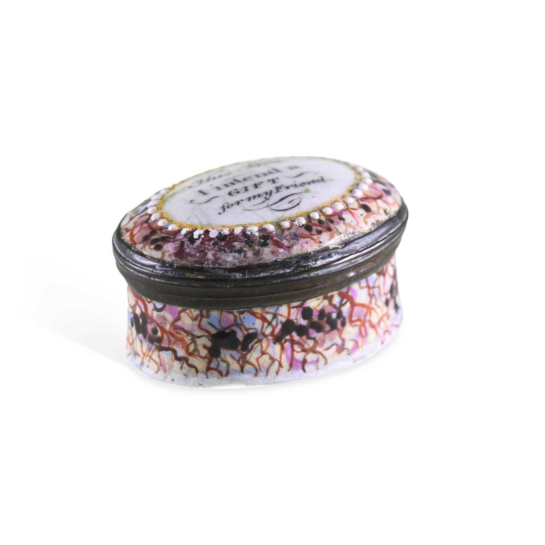 A SOUTH STAFFORDSHIRE ENAMEL PATCH BOX 18TH CENTURY: A SOUTH STAFFORDSHIRE ENAMEL PATCH BOX 18TH CENTURY of oval form, decorated with a mottled pink and puce ground and raised white enamel dots, the hinged cover inscribed This is Box / I intend a /