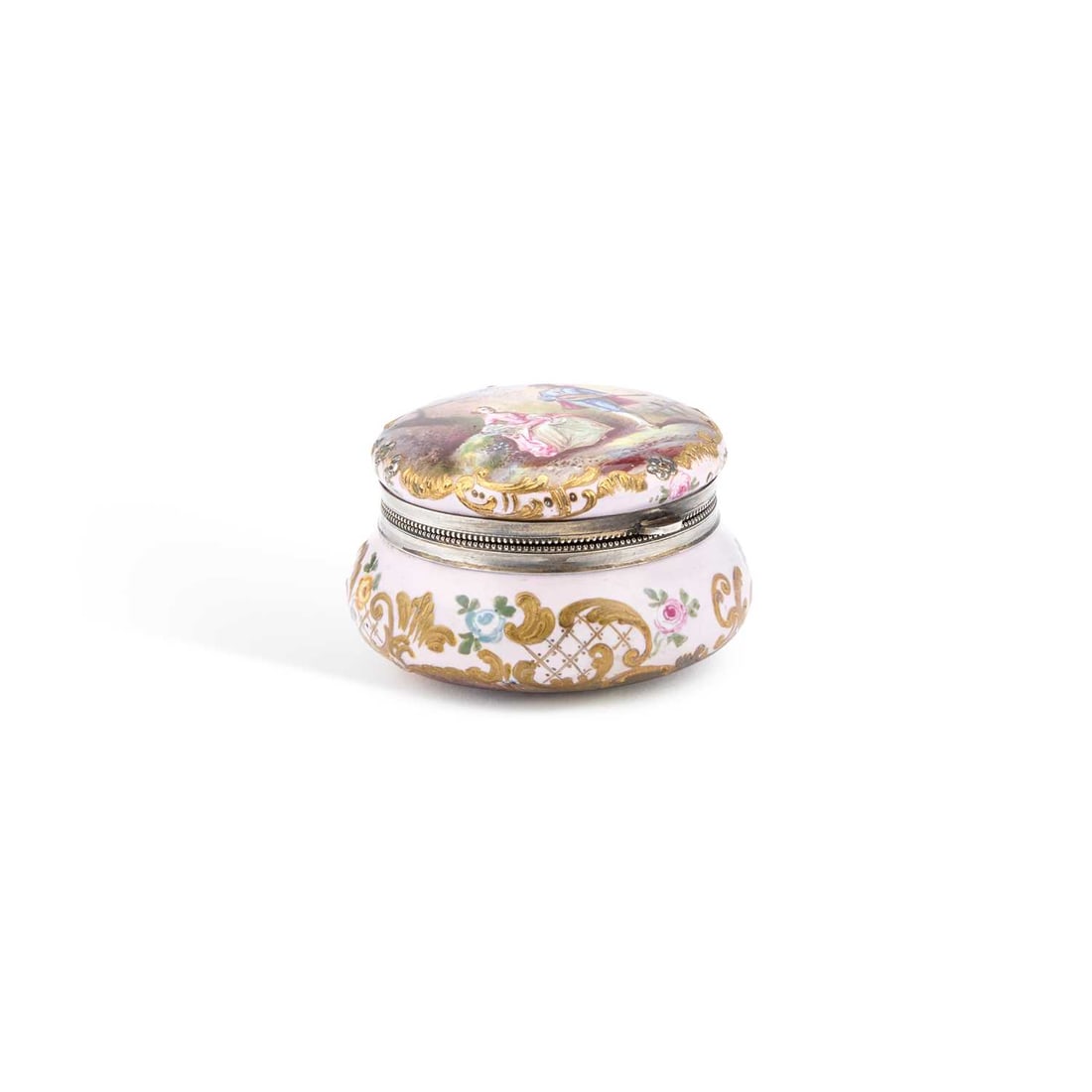 A VIENNESE SILVER AND ENAMEL BOX LATE 19TH CENTURY: A VIENNESE SILVER AND ENAMEL BOX LATE 19TH CENTURY indistinctly marked, of squat circular form, the hinged cover painted with a gentleman serenading a lady. 5cm diameter, 52 grams