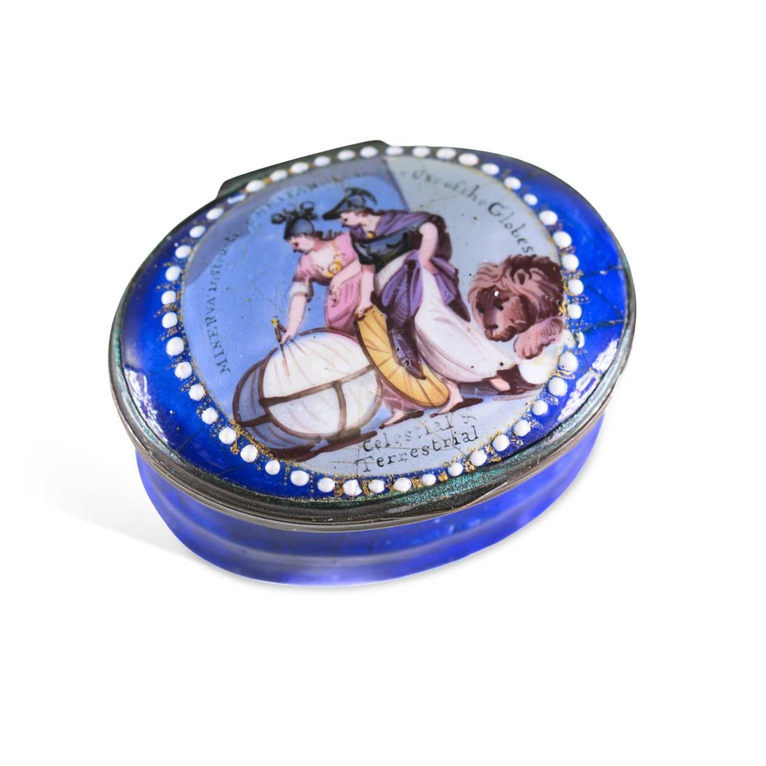 A SOUTH STAFFORDSHIRE ENAMEL PATCH BOX 18TH CENTURY: A SOUTH STAFFORDSHIRE ENAMEL PATCH BOX 18TH CENTURY of oval form, the hinged cover painted with classical female figures beside celestial and terrestrial globes, inscribed Minerva instructing