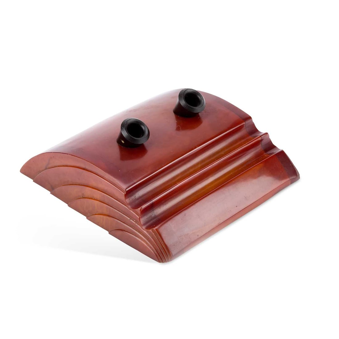A BROWN CAVERCRAFT ART DECO PEN HOLDER: A BROWN CAVERCRAFT ART DECO PEN HOLDER 16.5cm by 17.5cm We believe the inkwells to be original.