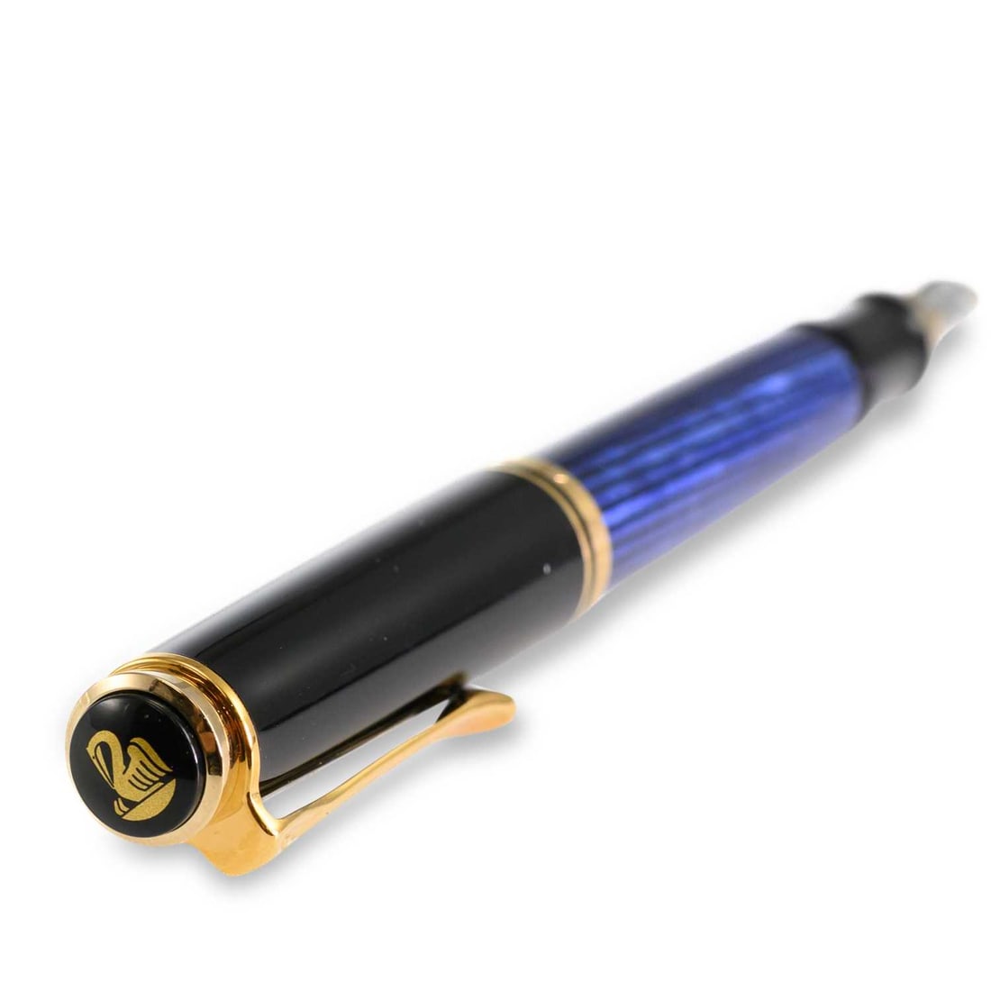 A PELIKAN SOUVERAN FOUNTAIN PEN: A PELIKAN SOUVERAN FOUNTAIN PEN with a black resin cap and blue striped barrel, gold plated mounts, the Pelikan nib stamped '14C-585 B'. 12.5cm long
