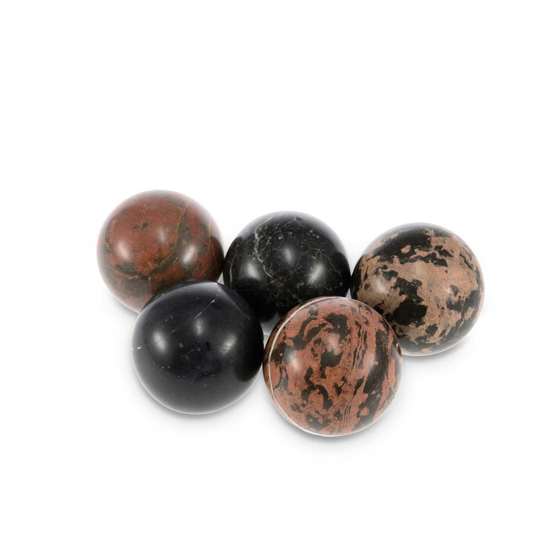 A SET OF FIVE VICTORIAN POLISHED HARDSTONE CARPET BOWLS: A SET OF FIVE VICTORIAN POLISHED HARDSTONE CARPET BOWLS in variegated shades of red, brown and black. (5) 7.5cm diameter