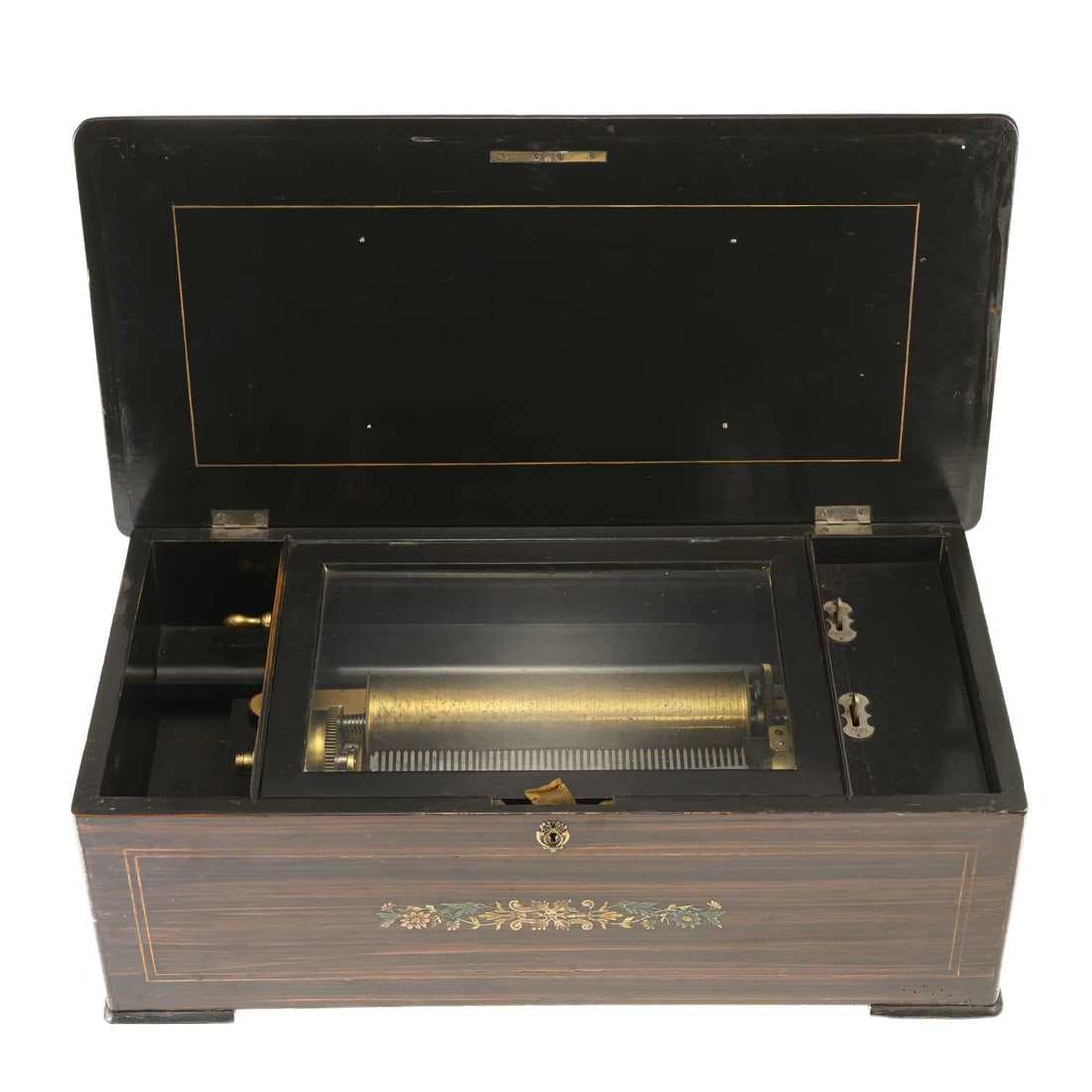A 19TH CENTURY SWISS ROSEWOOD AND MARQUETRY CYLINDER MUSICAL BOX: A 19TH CENTURY SWISS ROSEWOOD AND MARQUETRY CYLINDER MUSICAL BOX the hinged cover and front inlaid with floral sprays, enclosing a 9-inch brass cylinder and steel comb movement. 56cm long