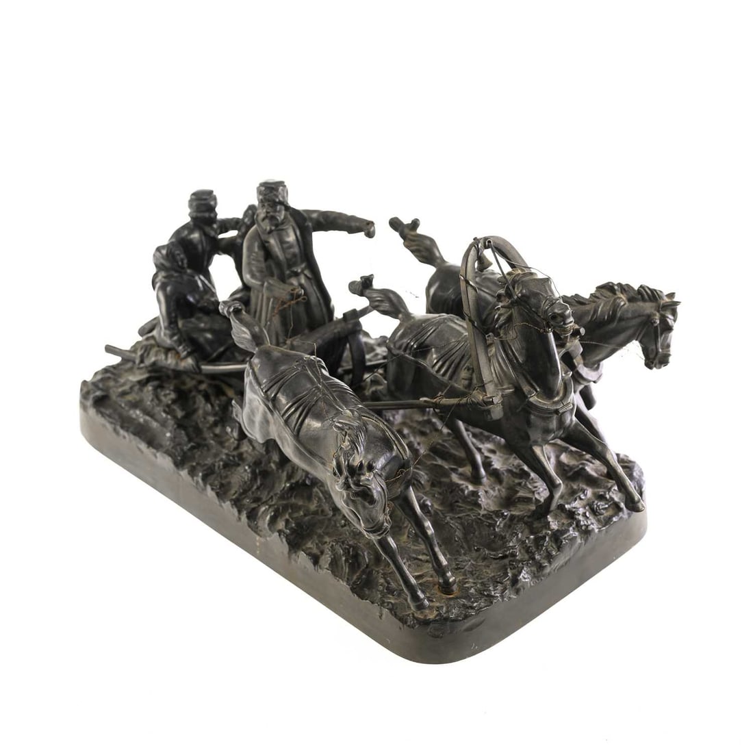 AFTER EVGENY IVANOVICH NAPS A RUSSIAN CAST-IRON TROIKA GROUP: AFTER EVGENY IVANOVICH NAPS A RUSSIAN CAST-IRON TROIKA GROUP modelled as a horse-drawn sleigh carrying passengers across a naturalistic ground, cast with MADE IN USSR and KASLI 1969 foundry marks. 45c
