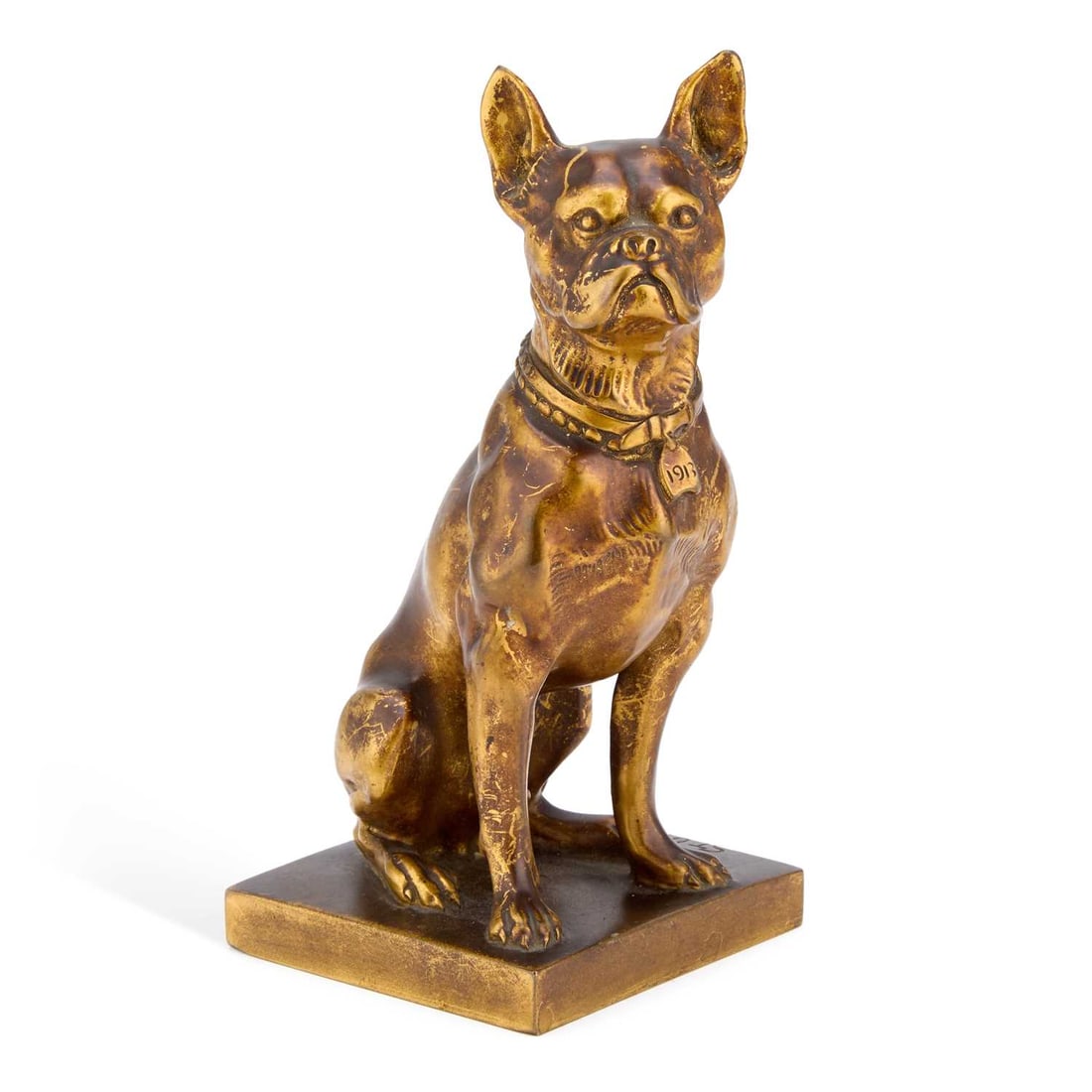 THEODOR STUNDL (1875-1934), A GILT-BRONZE FRENCH BULLDOG: THEODOR STUNDL (1875-1934), A GILT-BRONZE FRENCH BULLDOG finely cast as a seated French Bulldog wearing a collar, set upon a square pedestal base, incised STUNDL. 19.5cm high